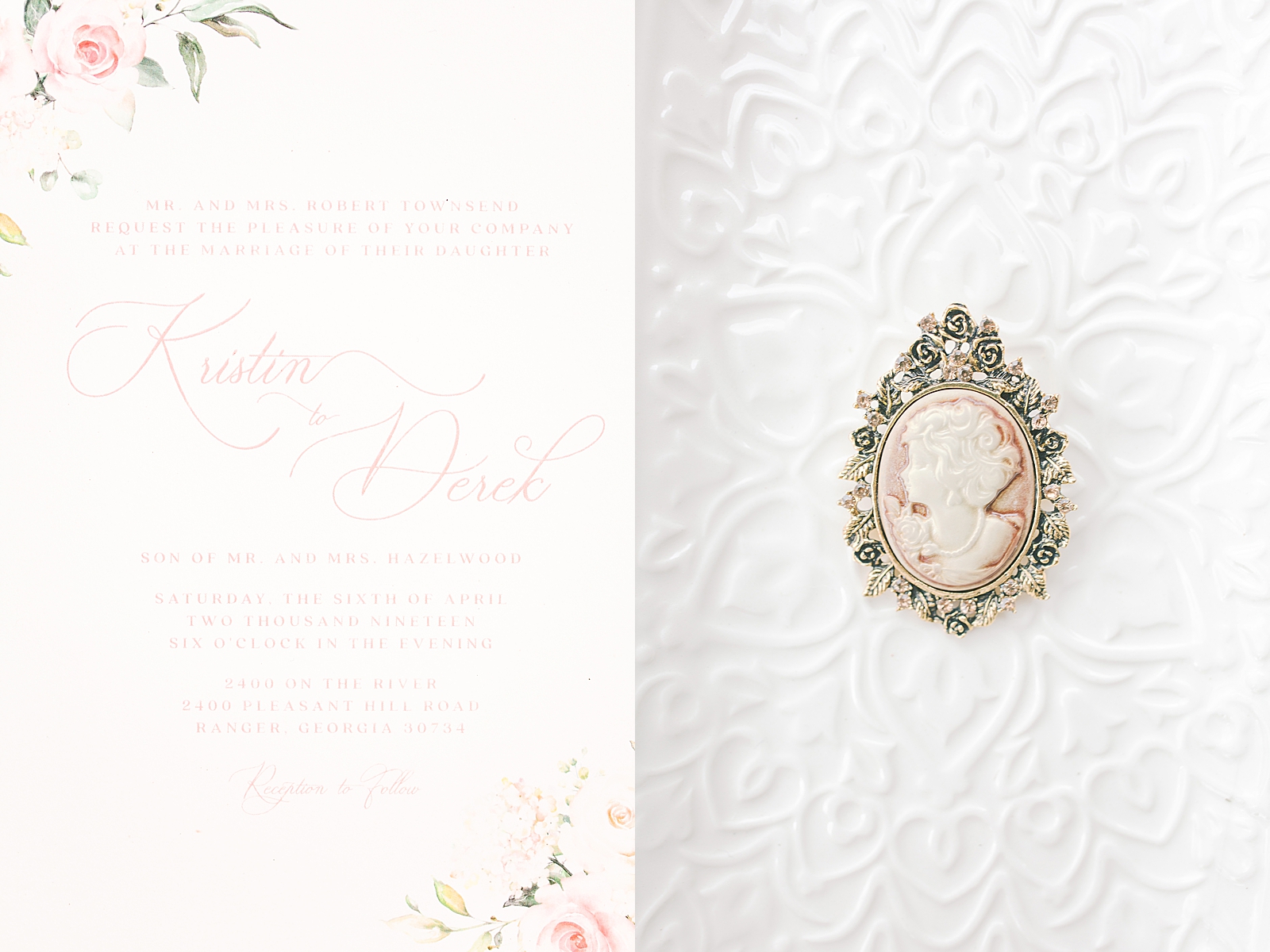 Wedding at 2400 On The River Invitation and Antique Broach detail Photos