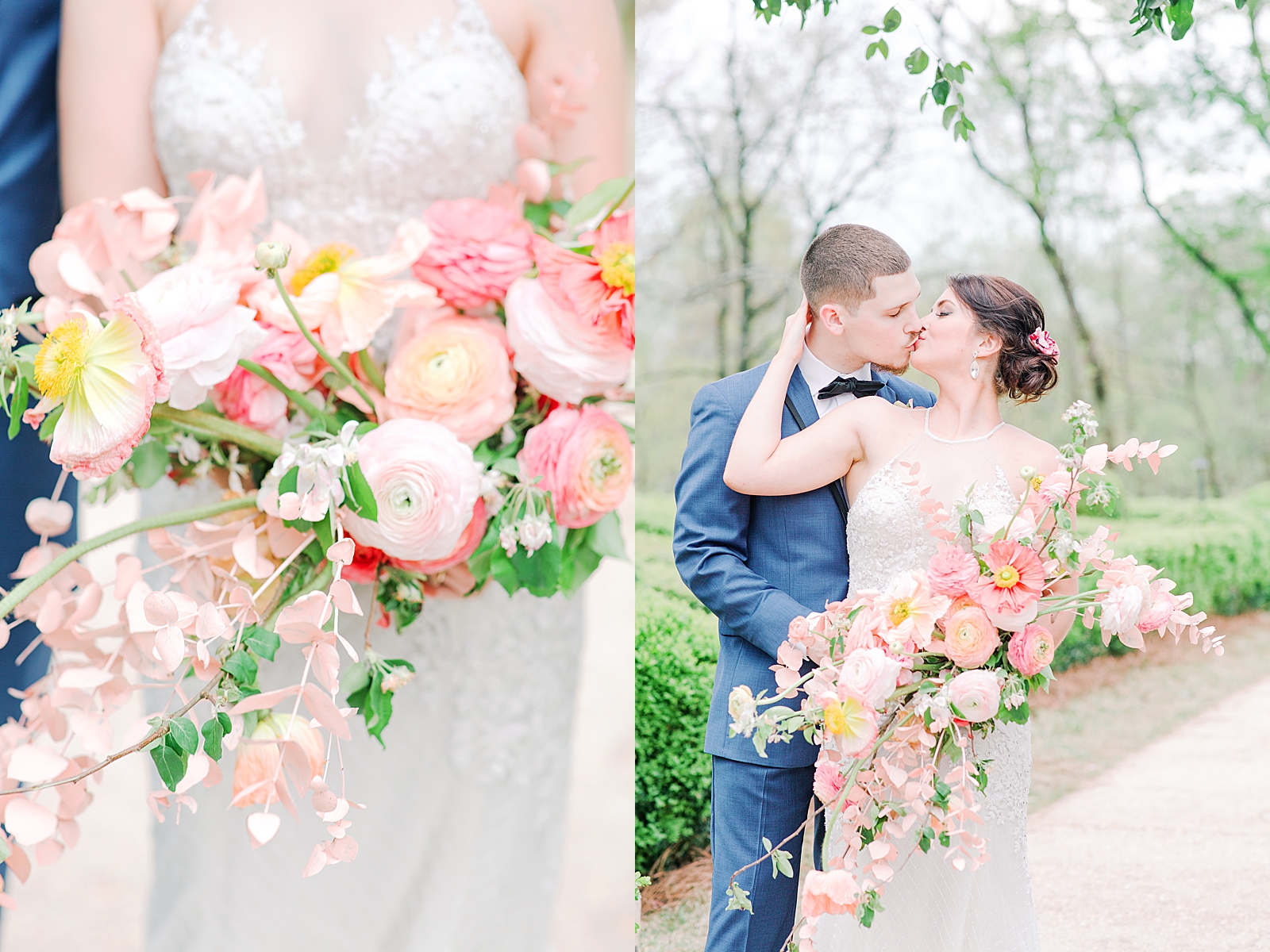 Wedding at 2400 On The River Brides bouquet and couple kissing Photos