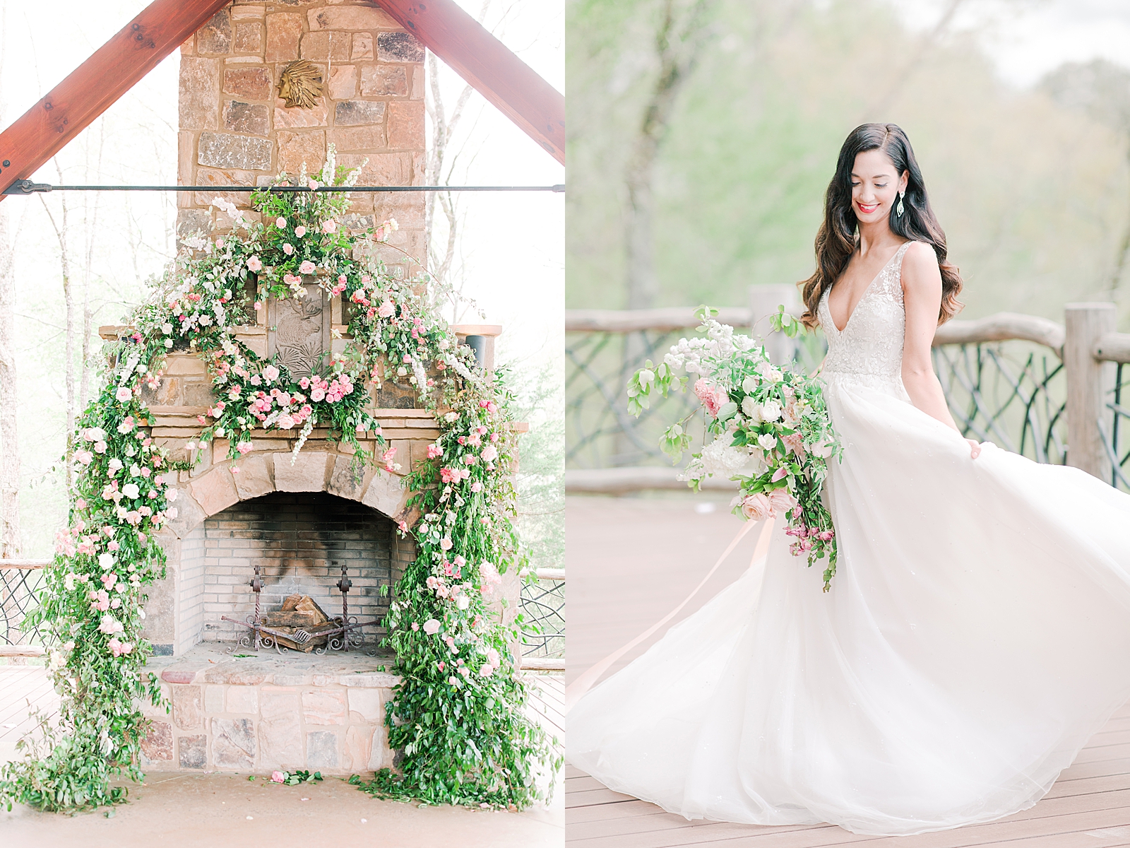 2400 On The River Spring Bridal Session Venue Pavilion fireplace and Lauren Twirling Photos