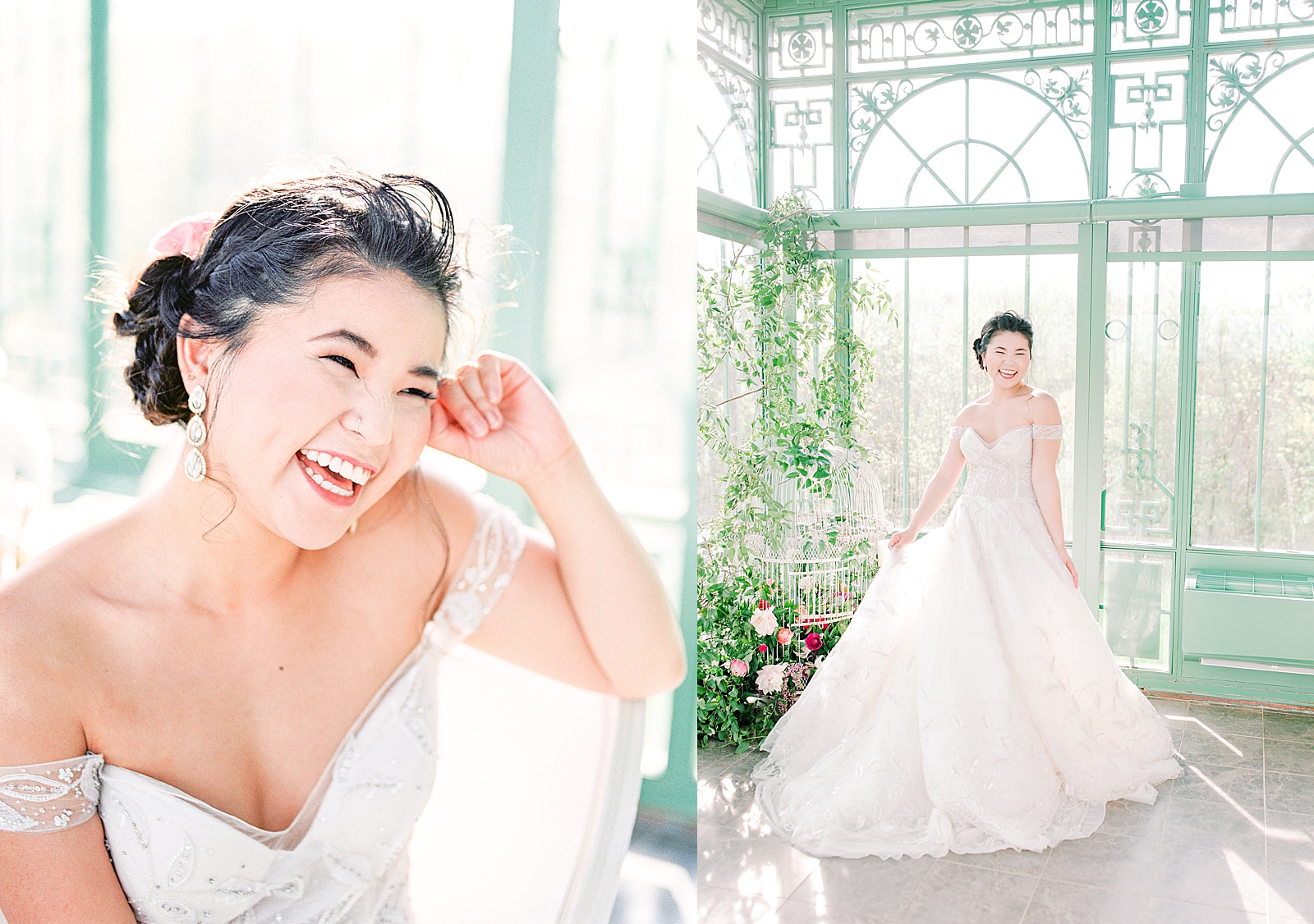 2400 On The River Bridal Session Lily smiling sitting in chair and twirling in Greenhouse Photos