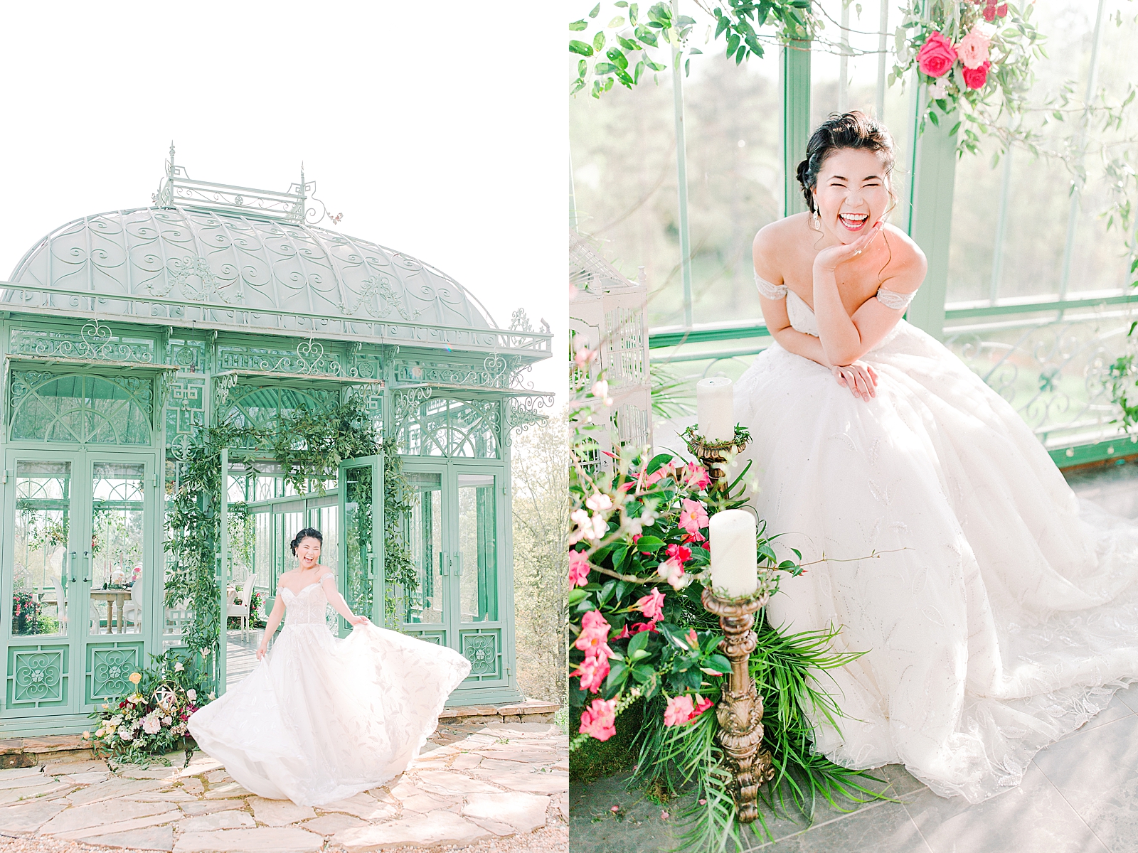 2400 On The River Bridal Session Lily twirling in front of Greenhouse and smiling sitting on bench Photos