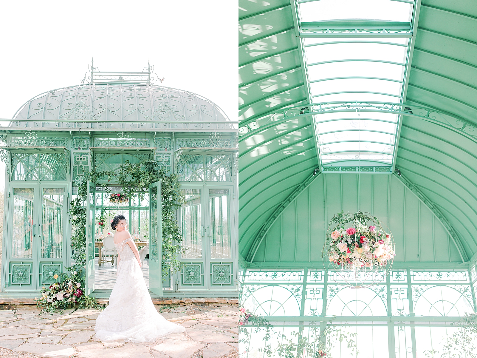 2400 On The River Bridal Session Lily in front of Greenhouse and Detail of greenhouse roof and floral chandelier Photos