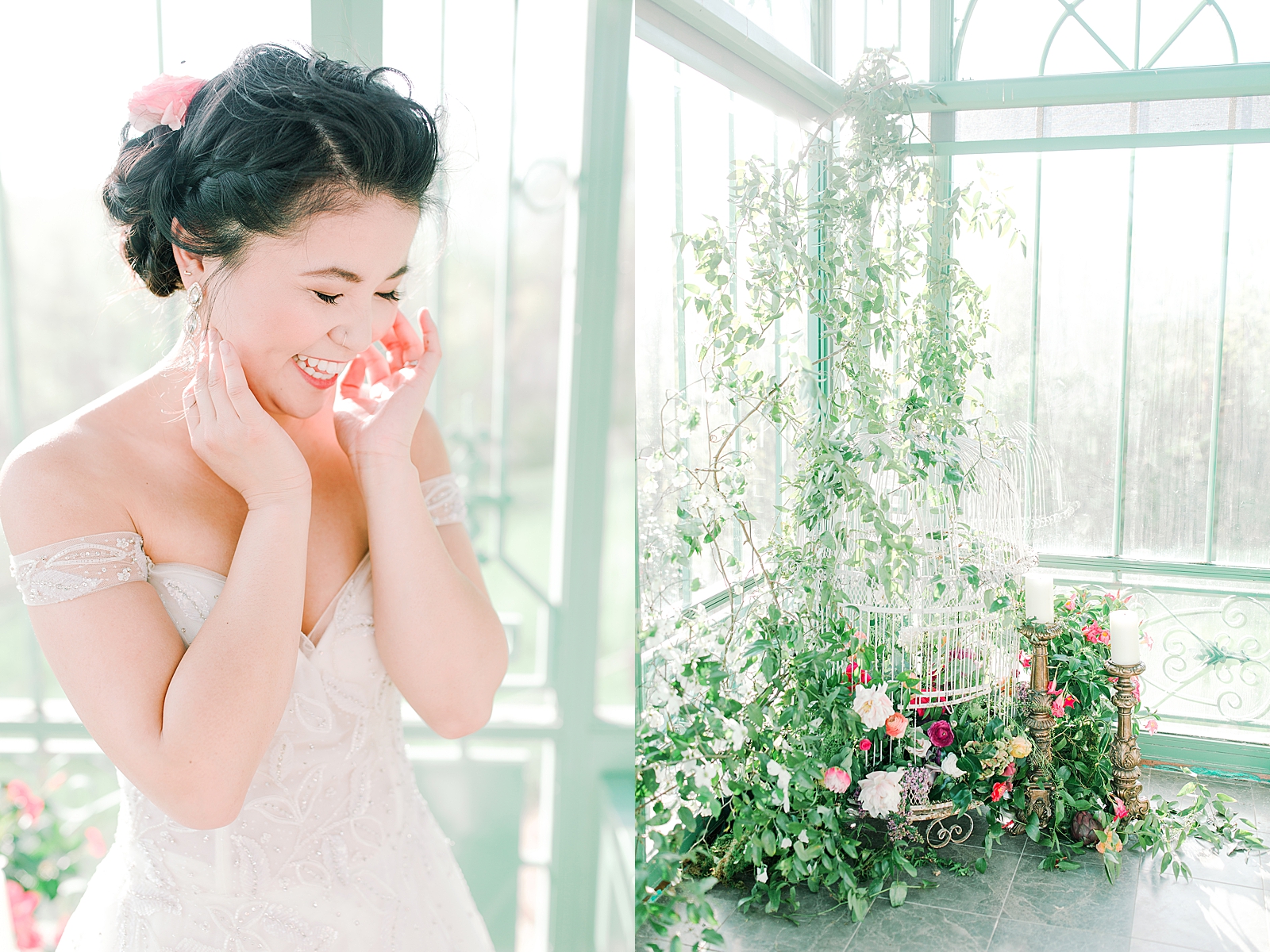 2400 On The River Bridal Session Lily giggling and detail of florals in birdcage Photos