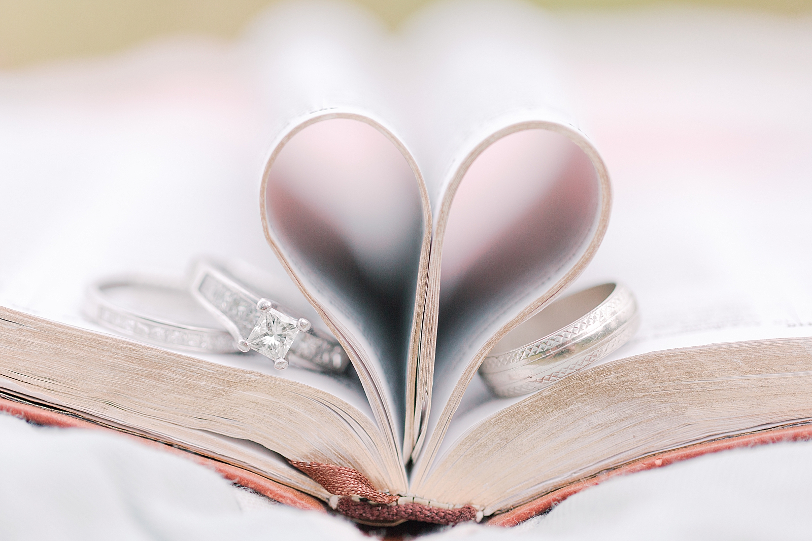 Asheville Anniversary Session Wedding Rings in Bible with pages shaped like a heart Photo