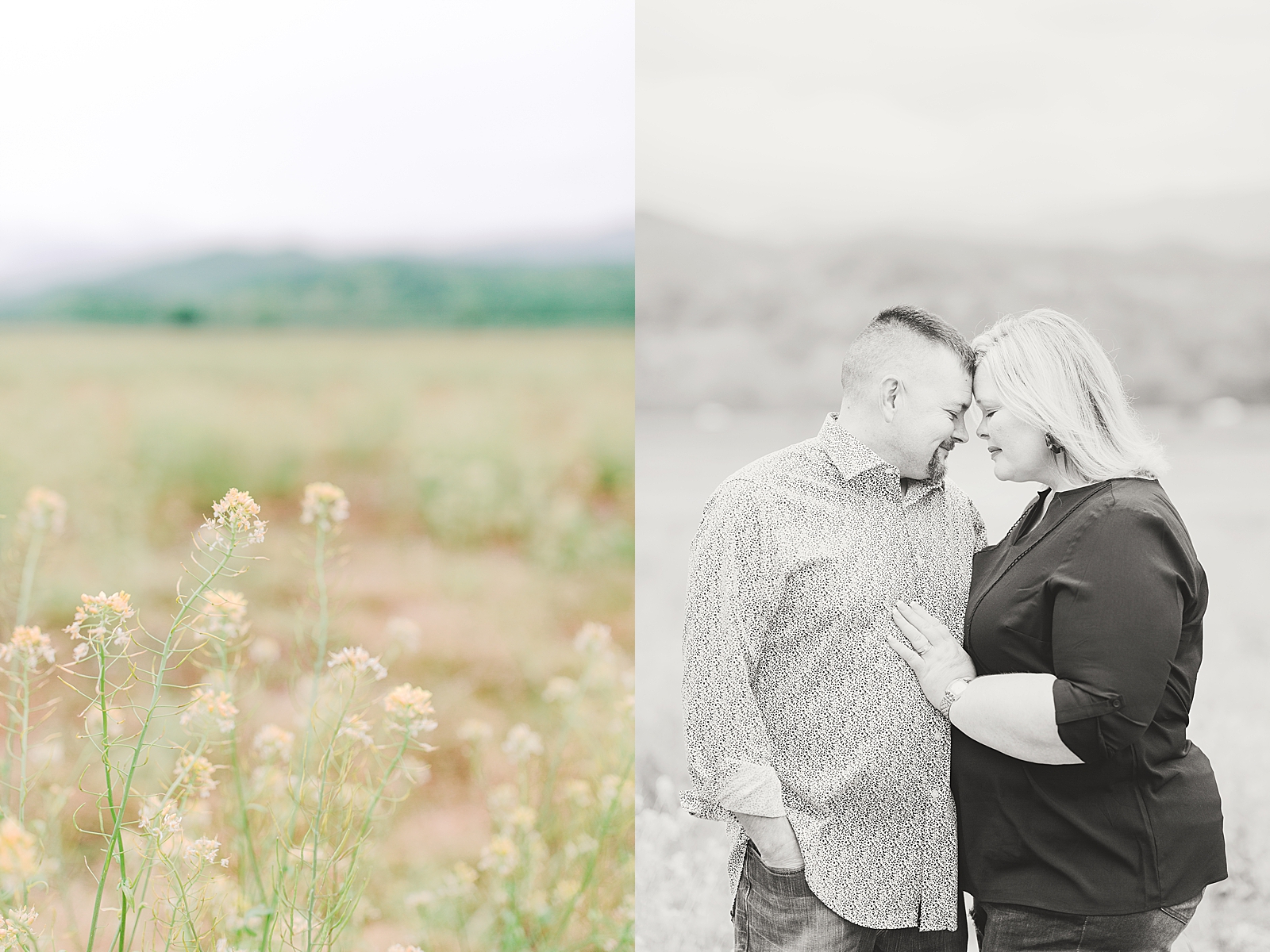 Asheville Anniversary Session view of mountains and yellow flowers and Black and White of couple snuggling Photos