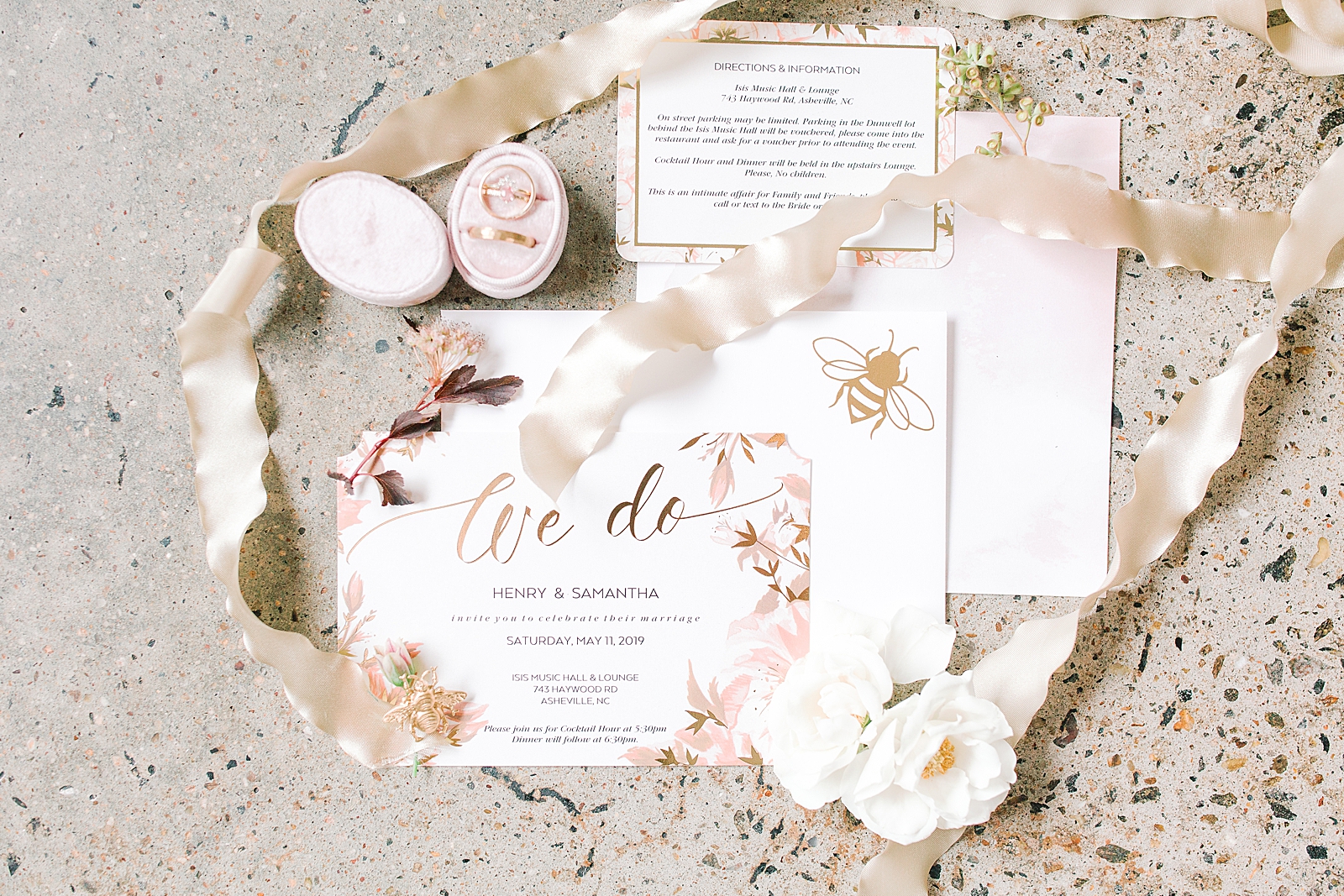 Asheville Wedding Invitation with flowers and Bee on it and ribbon and rings Photo