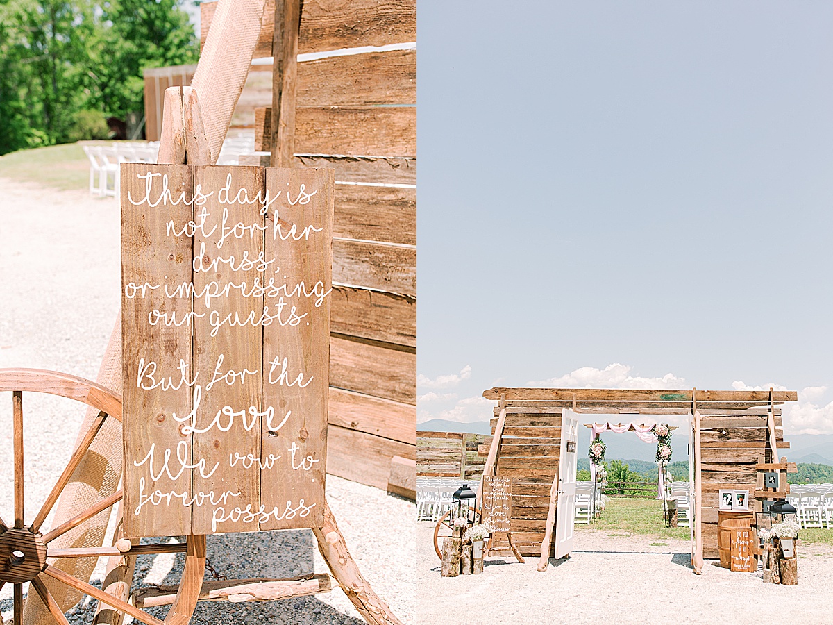 Rustic Spring Mountain Wedding Ceremony Site overlooking mountains and Wooden sign Photos