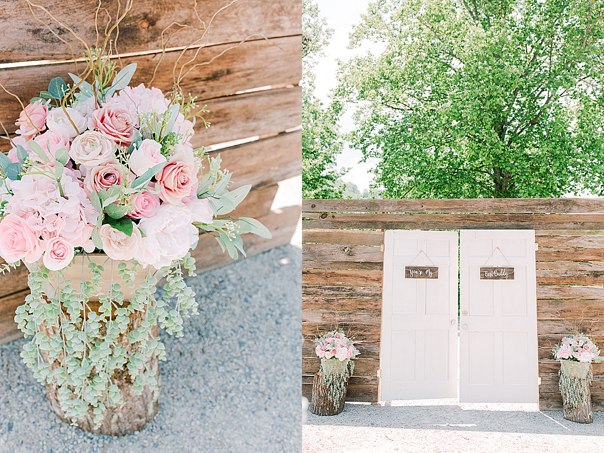Rustic Spring Mountain Wedding Ceremony Decor Flowers and Doors at rear of ceremony site Photos