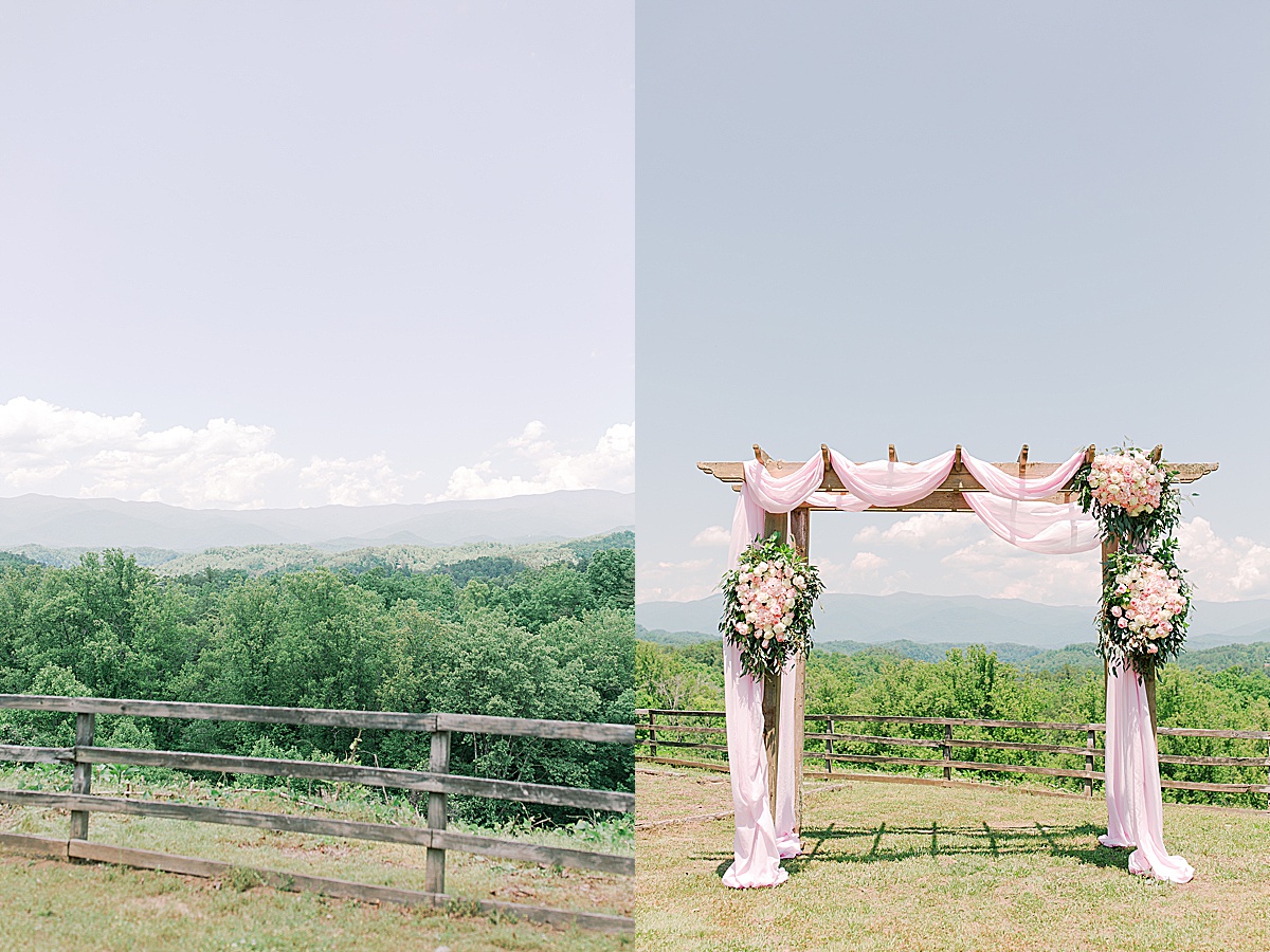 Rustic Spring Mountain Wedding View of Mountains at Ceremony Site and Alter Photos