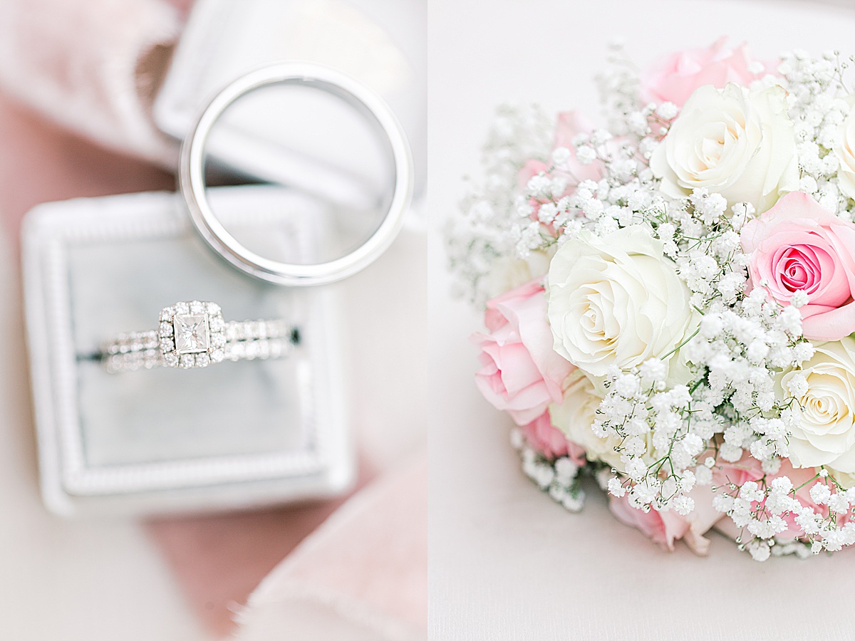 Rustic Spring Mountain Wedding Rings in Ring Box and Brides Bouquet Photos