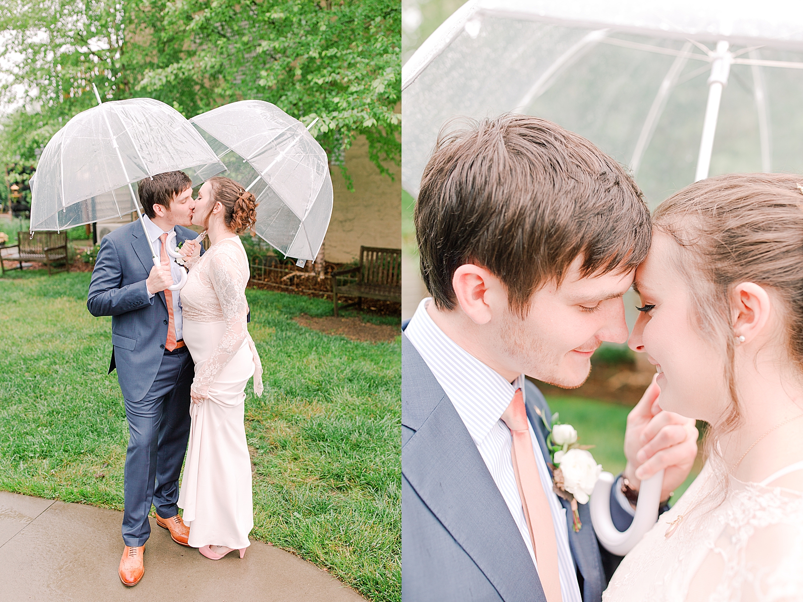 Asheville Wedding Bride and Groom snuggling and kissing under umbrellas Photos
