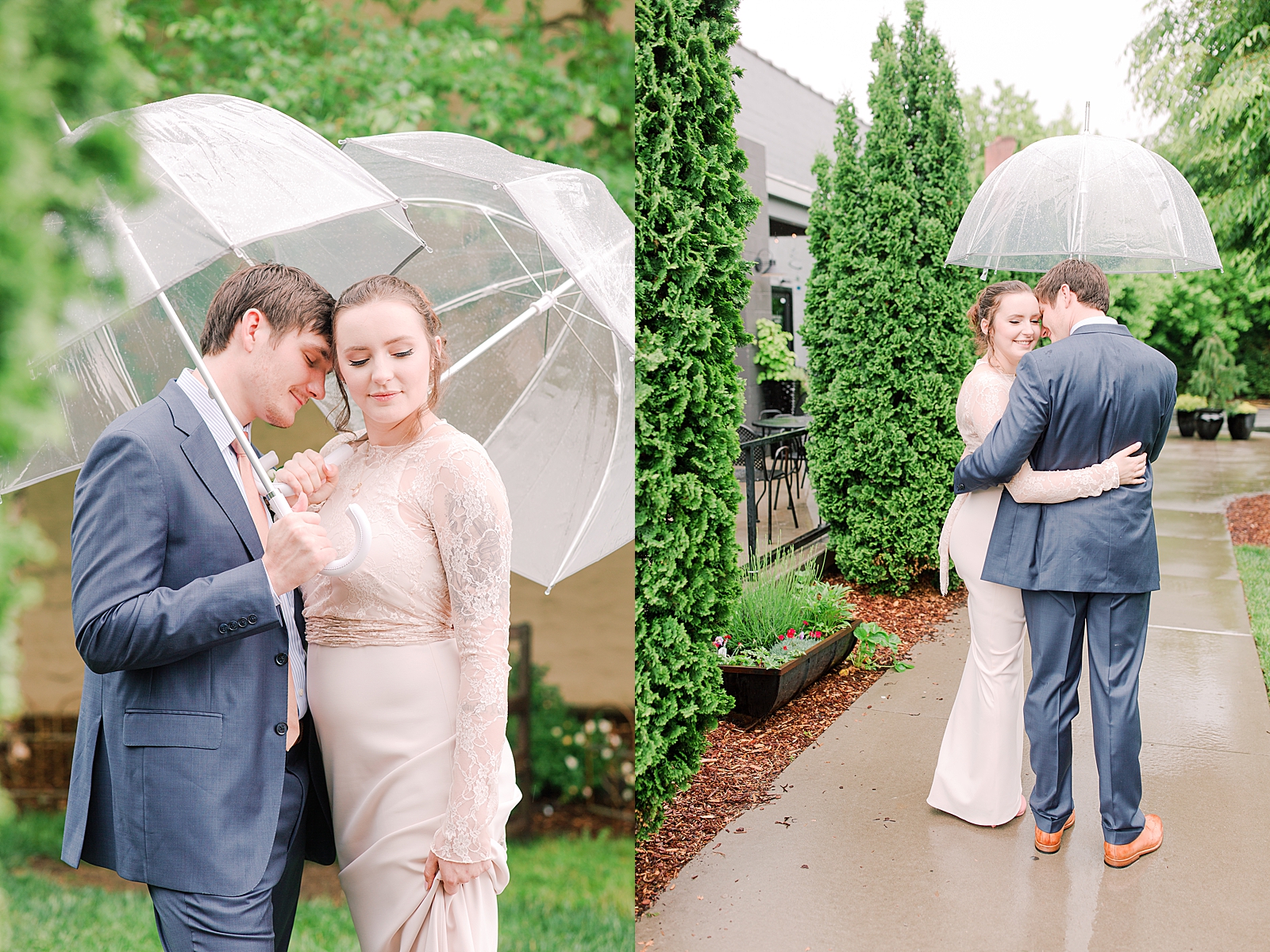 Asheville Wedding Bride and Groom snuggling under umbrellas Photos