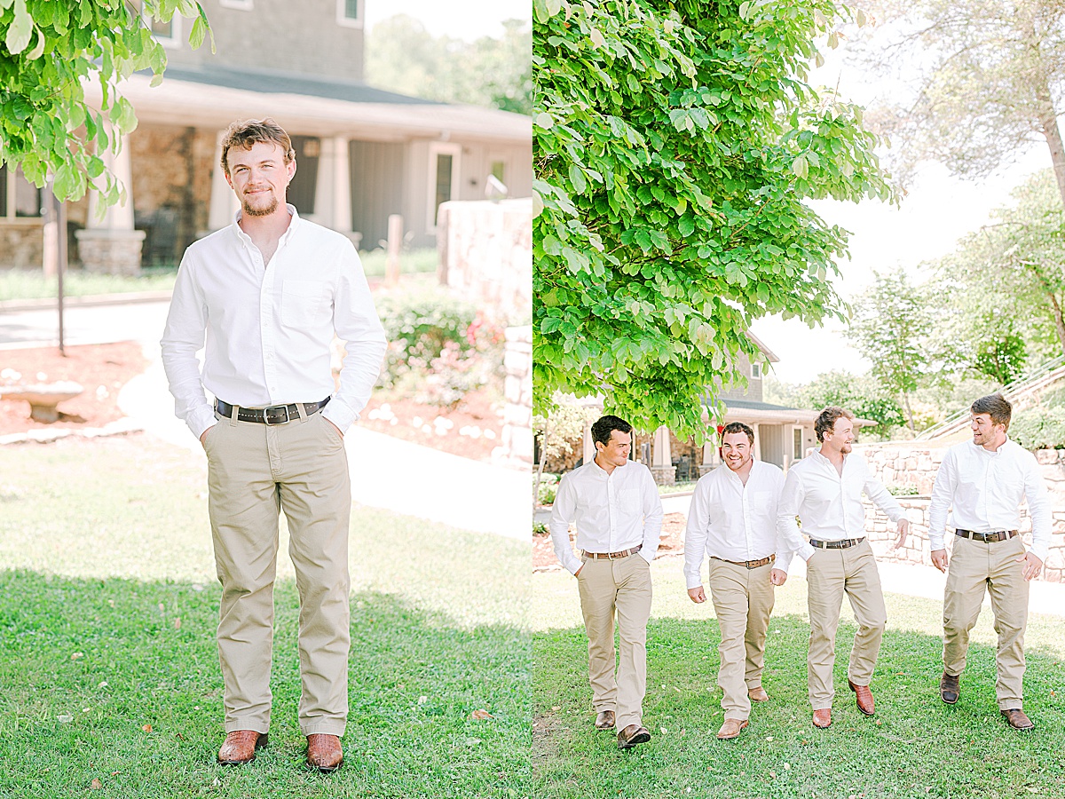 Rustic Spring Mountain Wedding Groom smiling at Camera and Groom walking with Groomsmen Photos