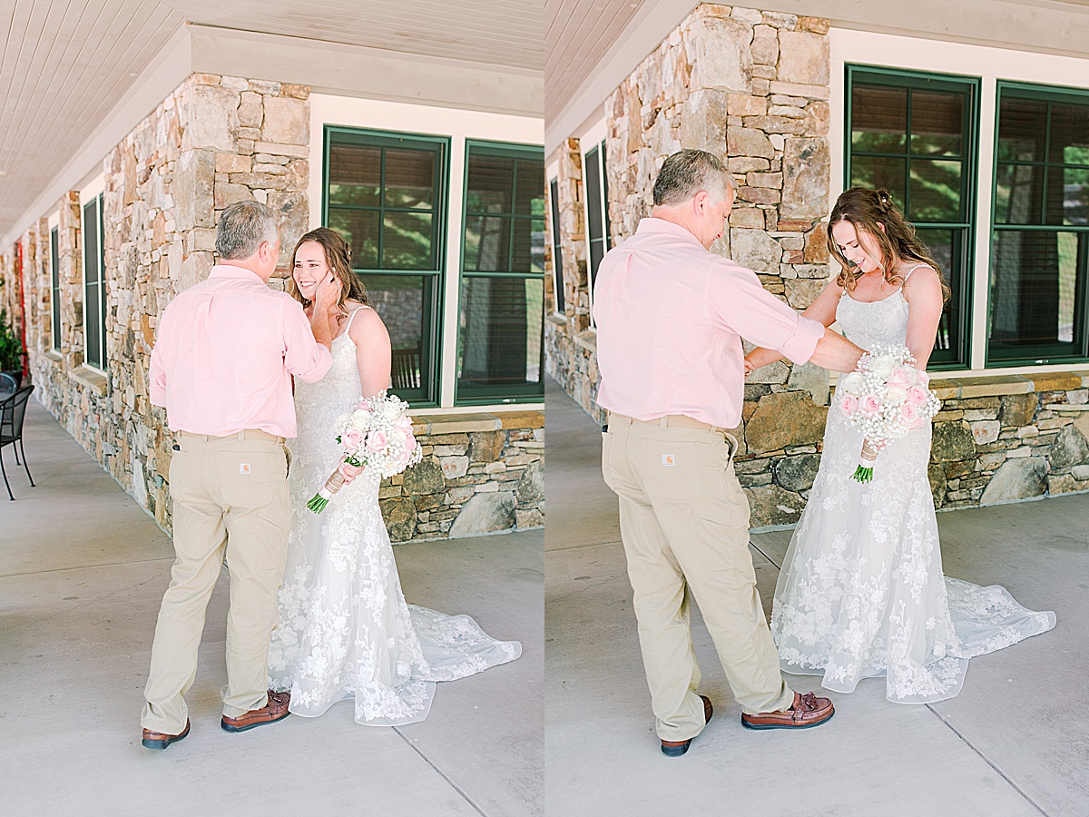 Rustic Spring Mountain Wedding Dad and Bride First look on porch Photos