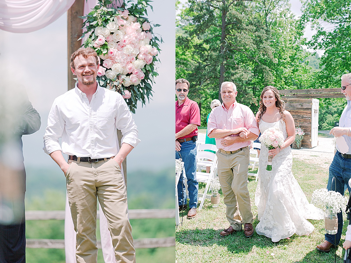 Rustic Spring Mountain Wedding Groom Smiling when Bride comes in and Bride walking down Aisle with her dad Photos