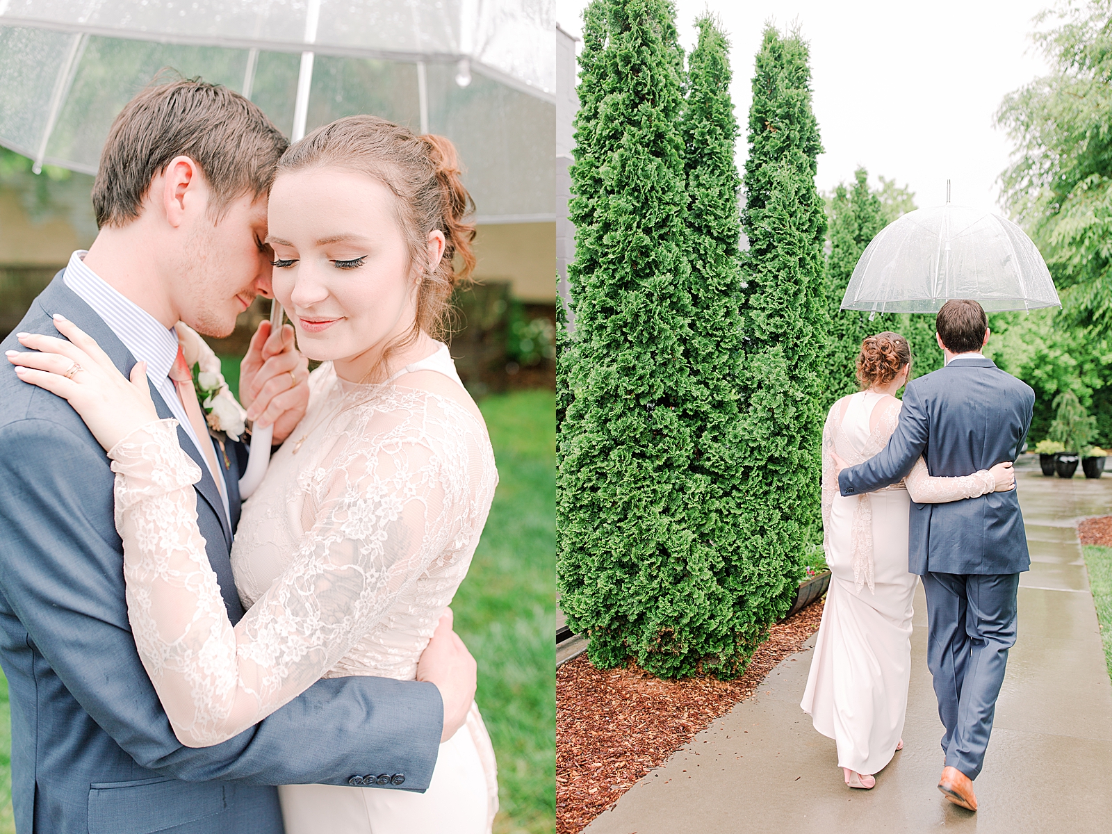 Asheville Wedding Bride and Groom snuggling under umbrella and walking away with umbrella Photos