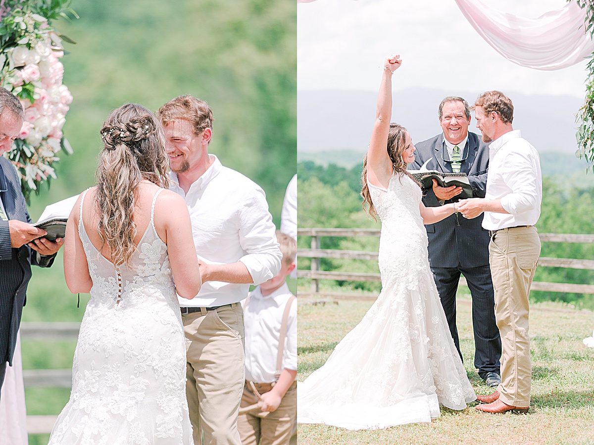 Rustic Spring Mountain Wedding Ceremony Groom Smiling at Bride and Bride Cheering at Alter Photos