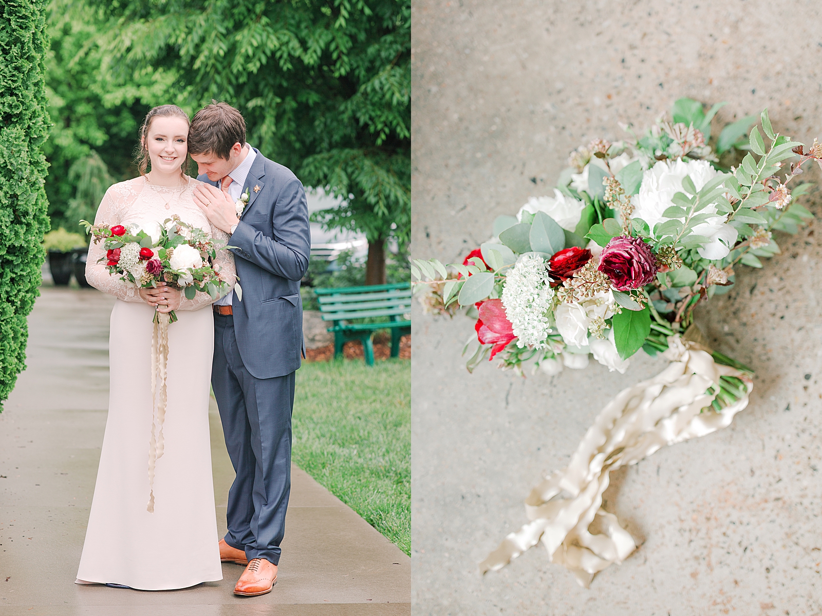 Asheville Wedding Bride Smiling at camera and groom snuggling and detail of bouquet Photos