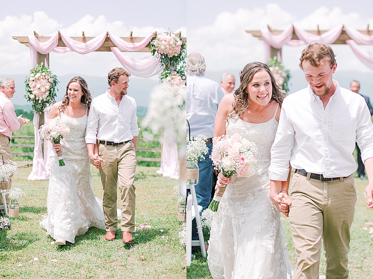 Rustic Spring Mountain Wedding Ceremony Bride and Groom Exiting down Aisle Photos