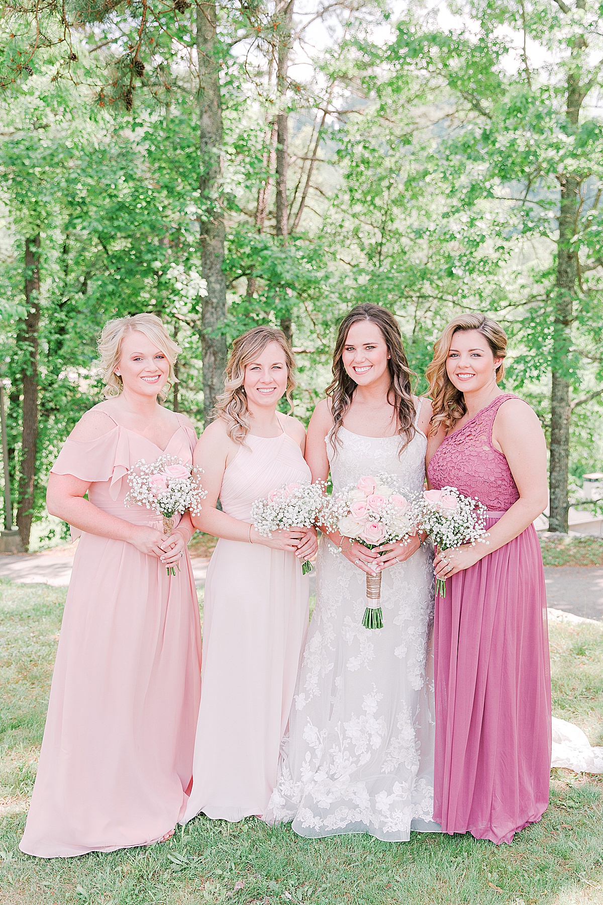 Rustic Spring Mountain Wedding Bride with Bridesmaids in Pink Dresses Photo