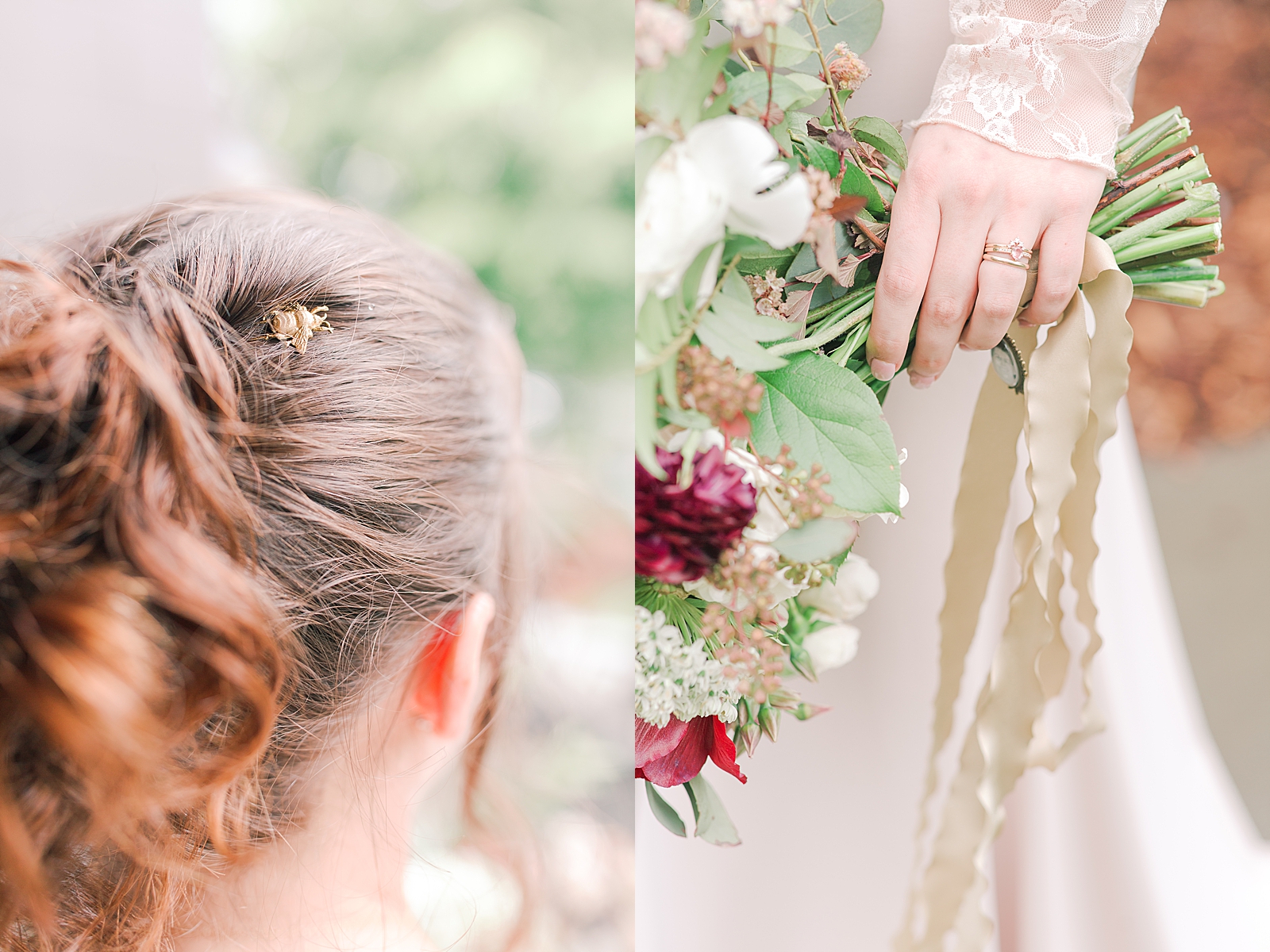 Asheville Wedding Brides bee hair pin and detail of her holding bouquet Photos