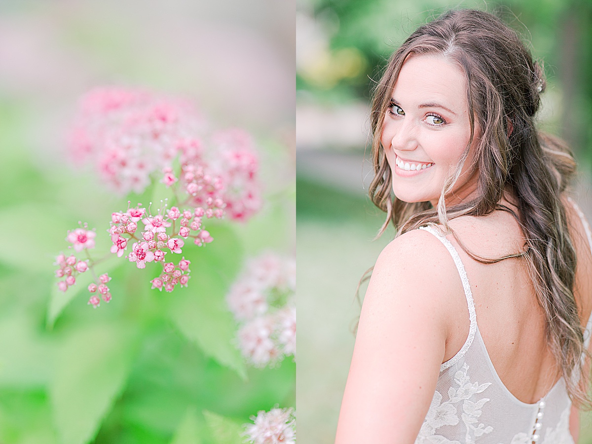 Rustic Spring Mountain Wedding detail of pink flowers and Bride Smiling over her shoulder Photos
