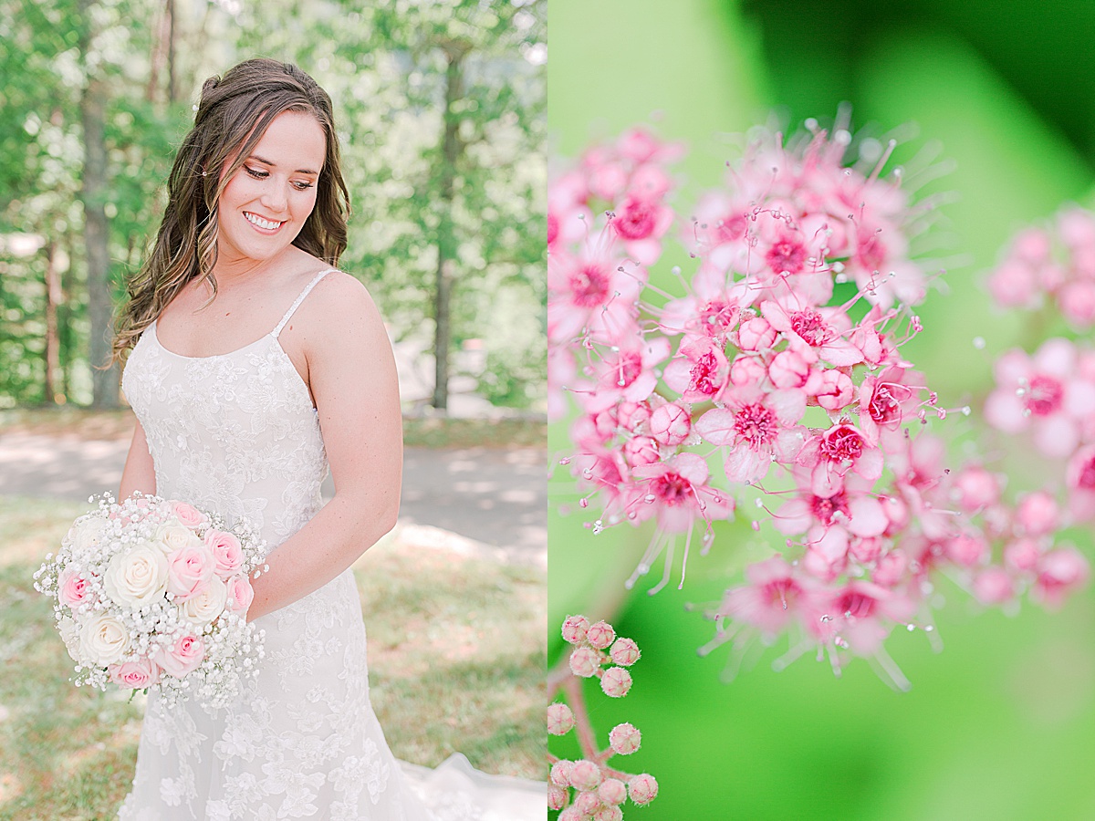 Rustic Spring Mountain Wedding Bride Smiling over Her Shoulder and Detail of Pink Flowers Photos