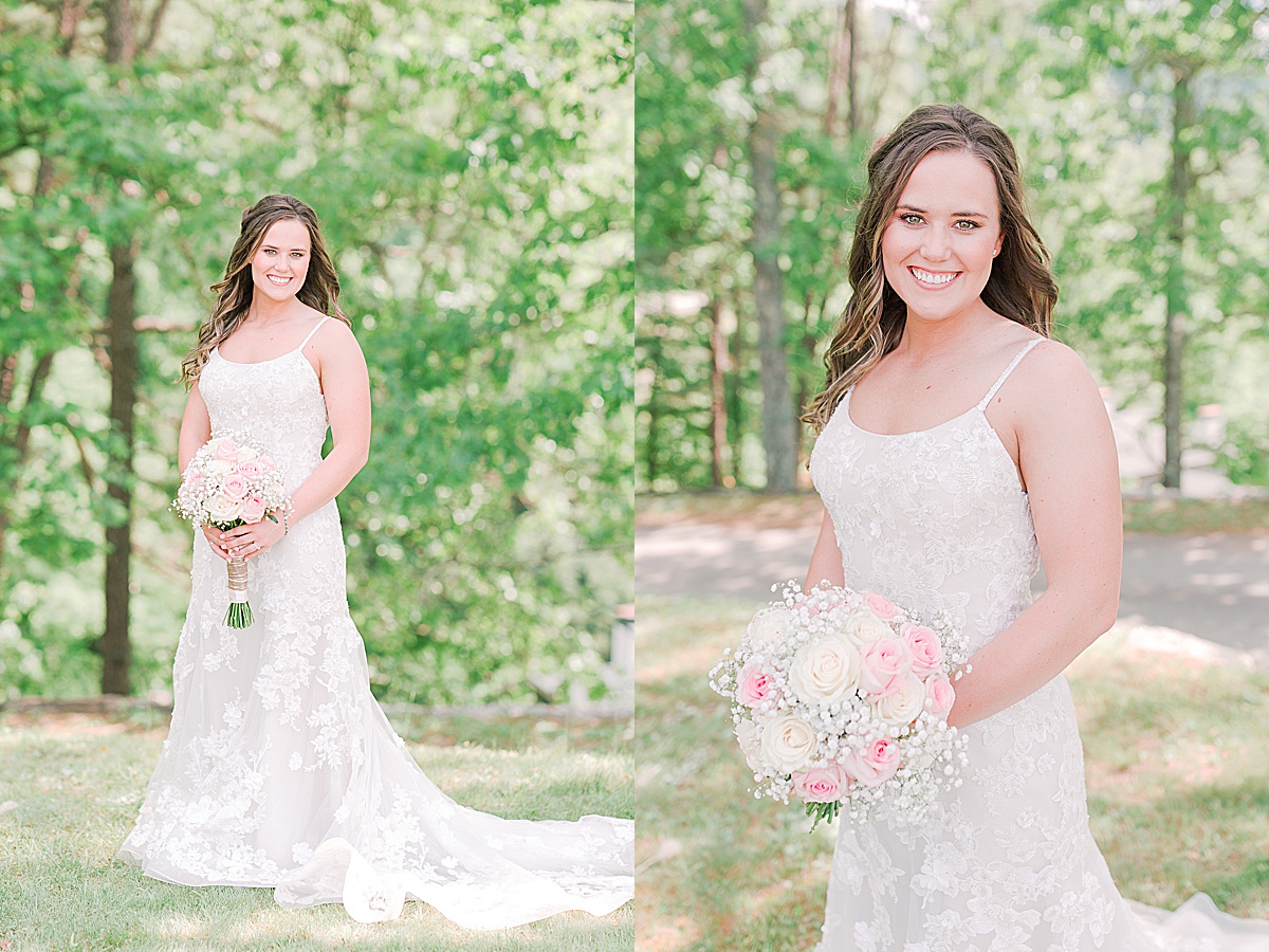 Rustic Spring Mountain Wedding Bride Holding Flowers Looking at Camera Photos