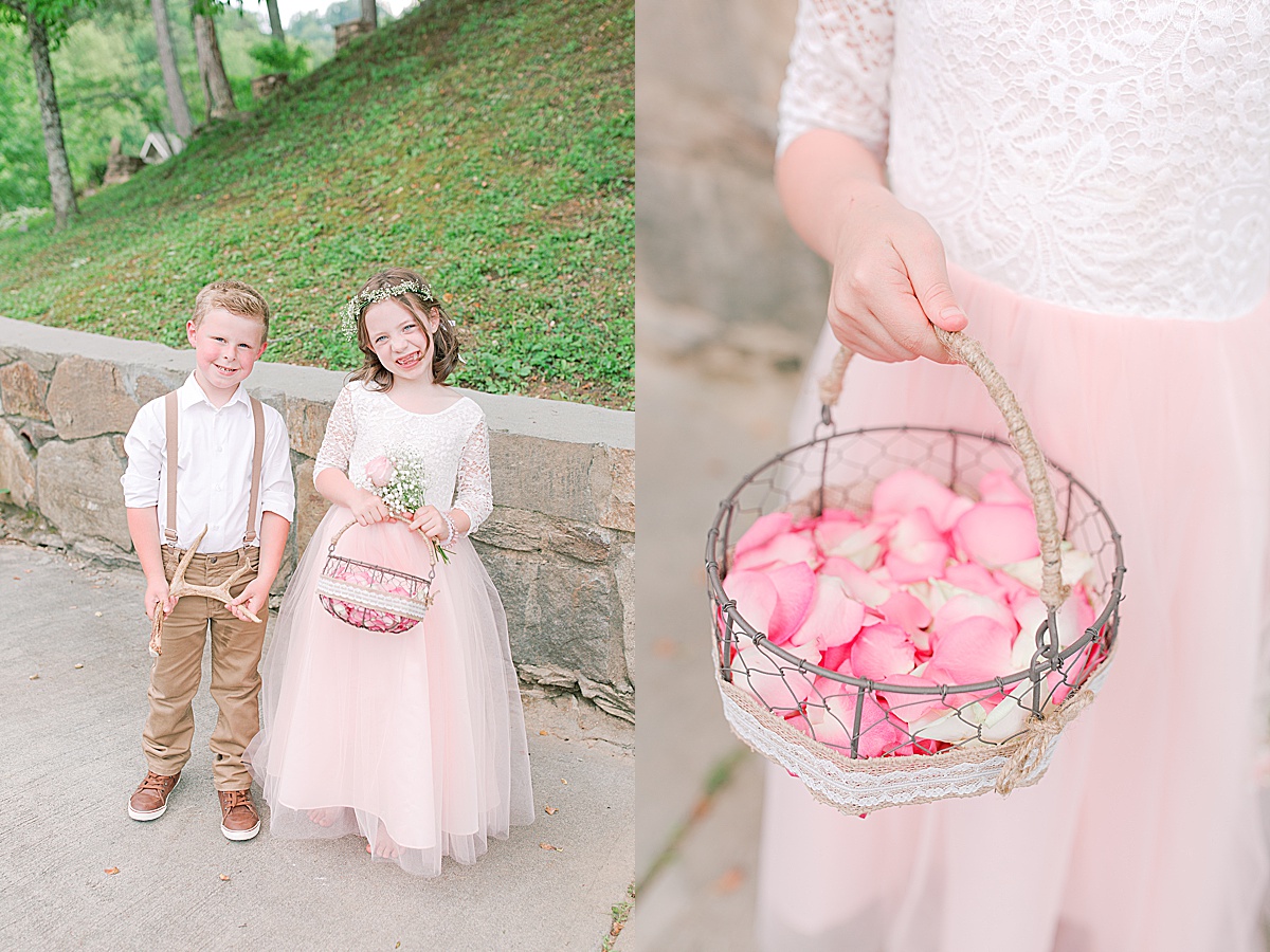 Rustic Spring Mountain Wedding Ring Bearer and Flower Girl and Flower Girls Basket with pink flowers Photos