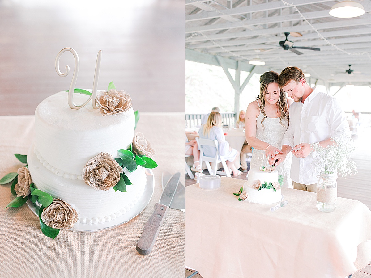 Rustic Spring Mountain Wedding Cake at Reception and Couple Cutting Cake Photos