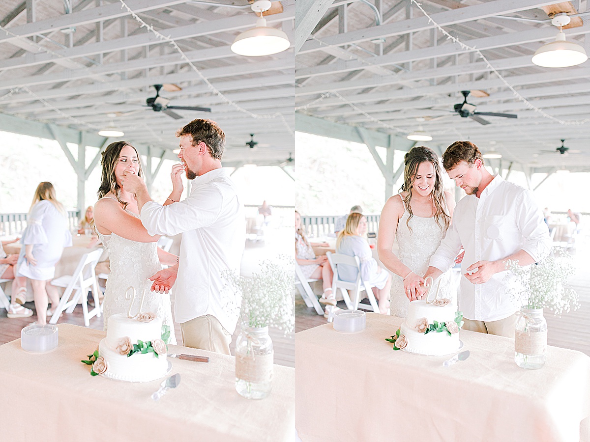 Rustic Spring Mountain Wedding Reception Couple Cutting Cake and Feeding Each Other Photos