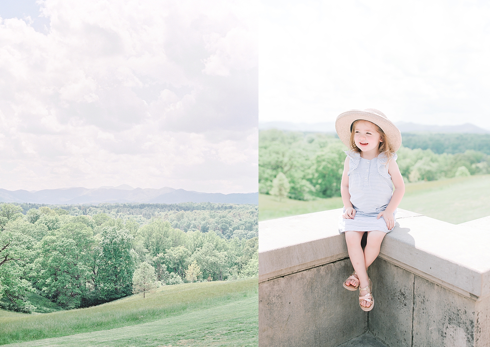Biltmore House and Gardens view of mountains and little girl sitting on wall Photos
