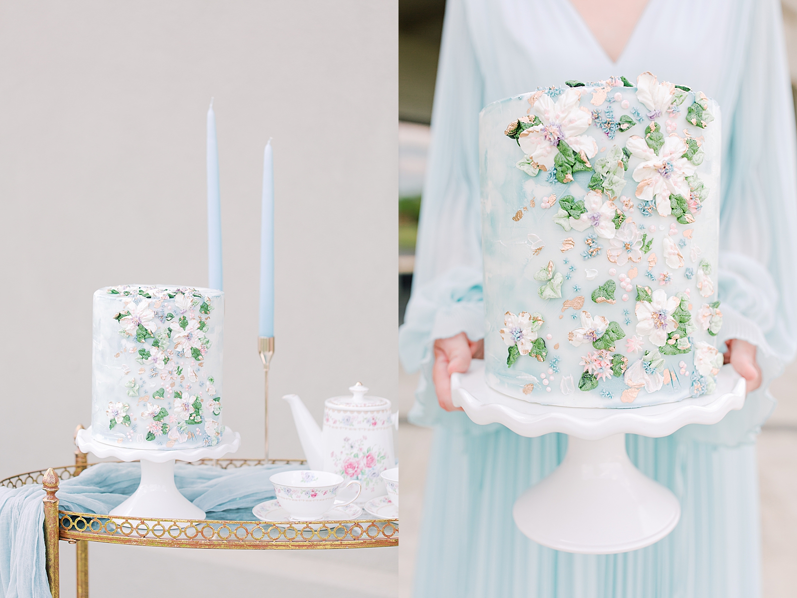 Chateau Elan Blue Cake with flowers on bar cart and Girl in Blue Dress holding cake Photos