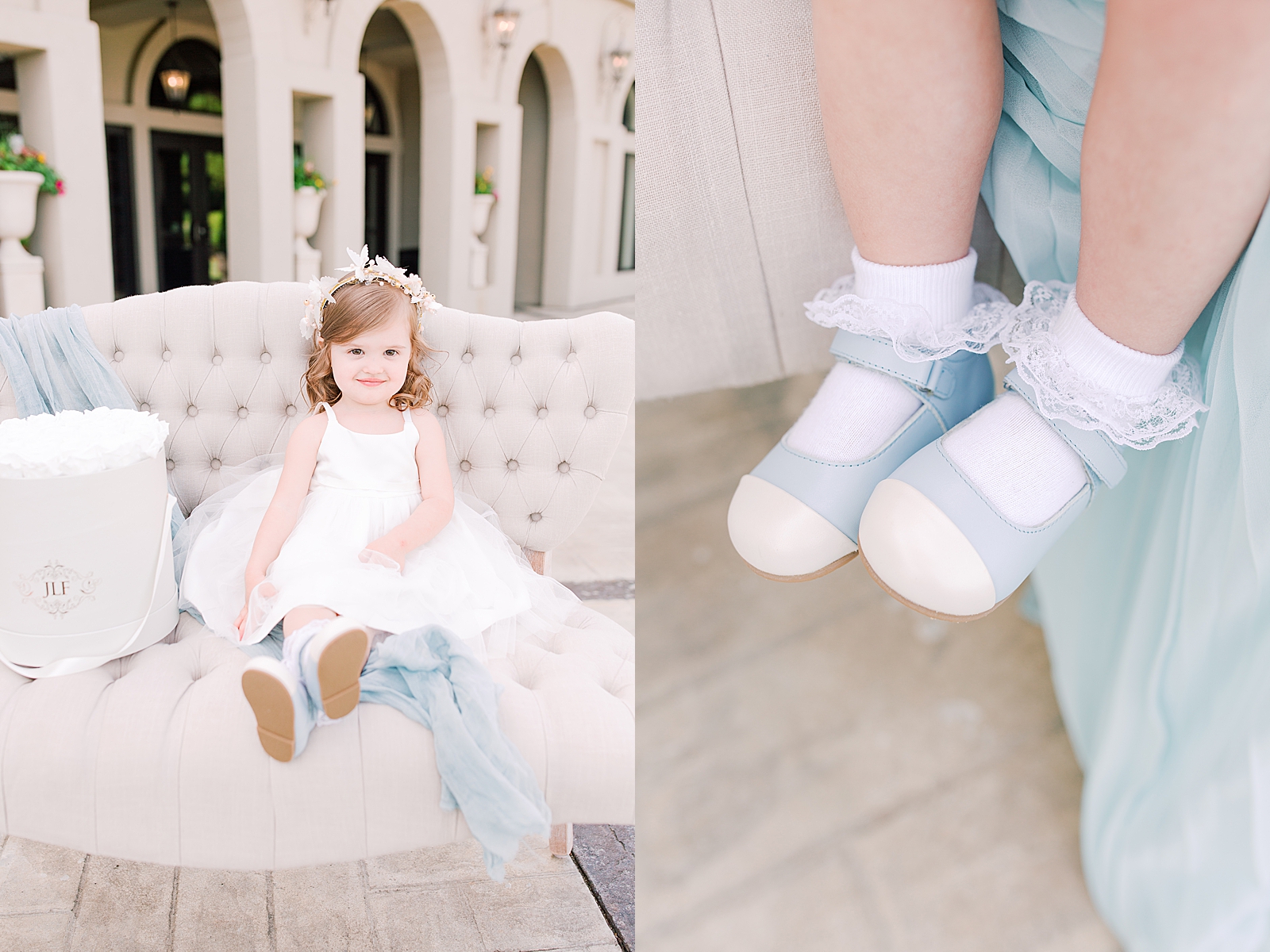 Chateau Elan Little girl on settee smiling at camera and detail of blue shoes Photos