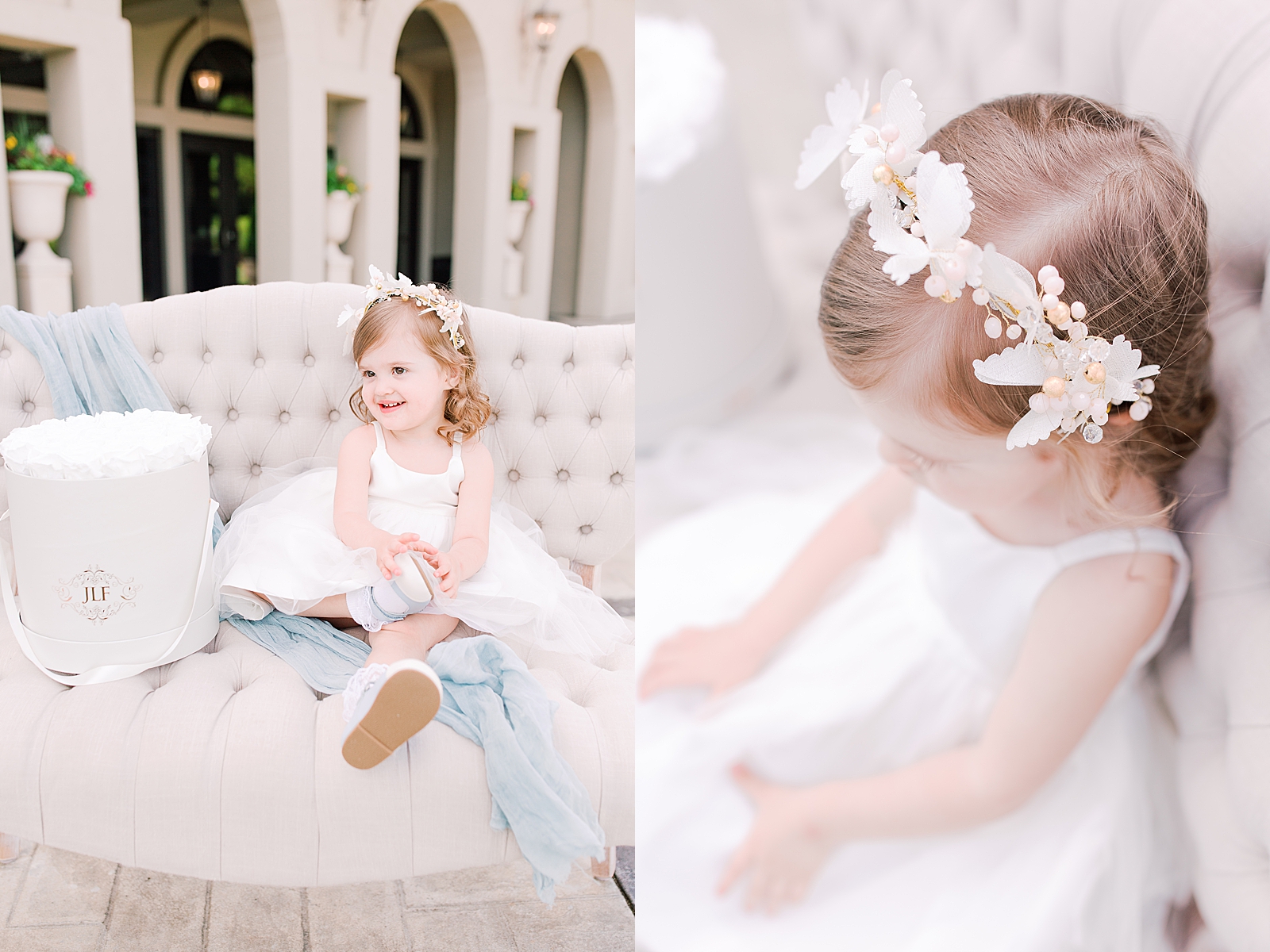 Chateau Elan Little girl on settee smiling and detail of her headband Photos