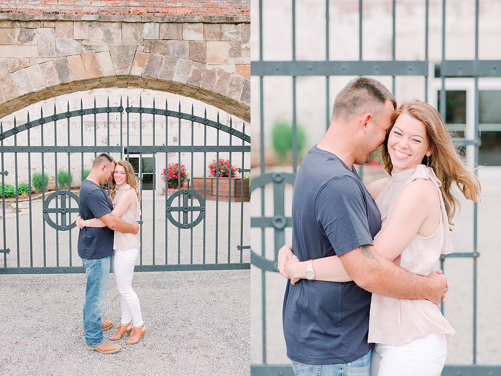 Hackney Warehouse Engagement Session Couple hugging in front of iron gate Photos