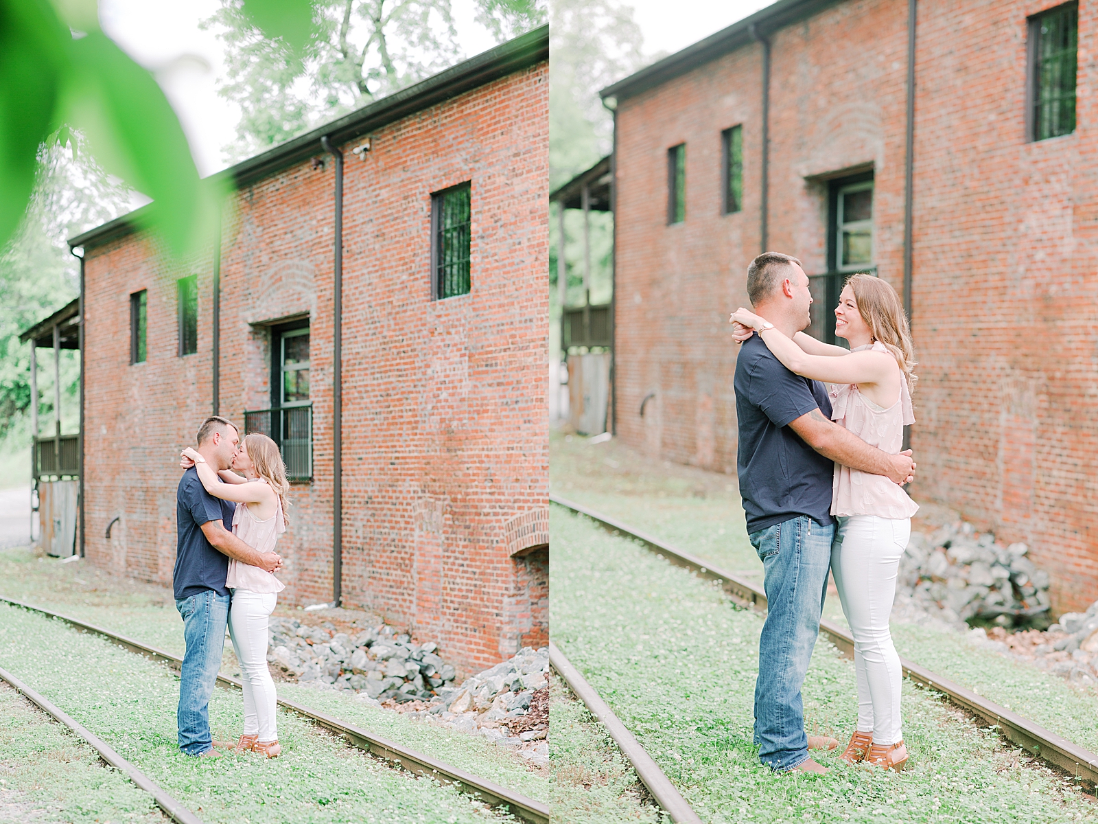 Hackney Warehouse Engagement Session Couple kissing and smiling on railroad tracks Photos