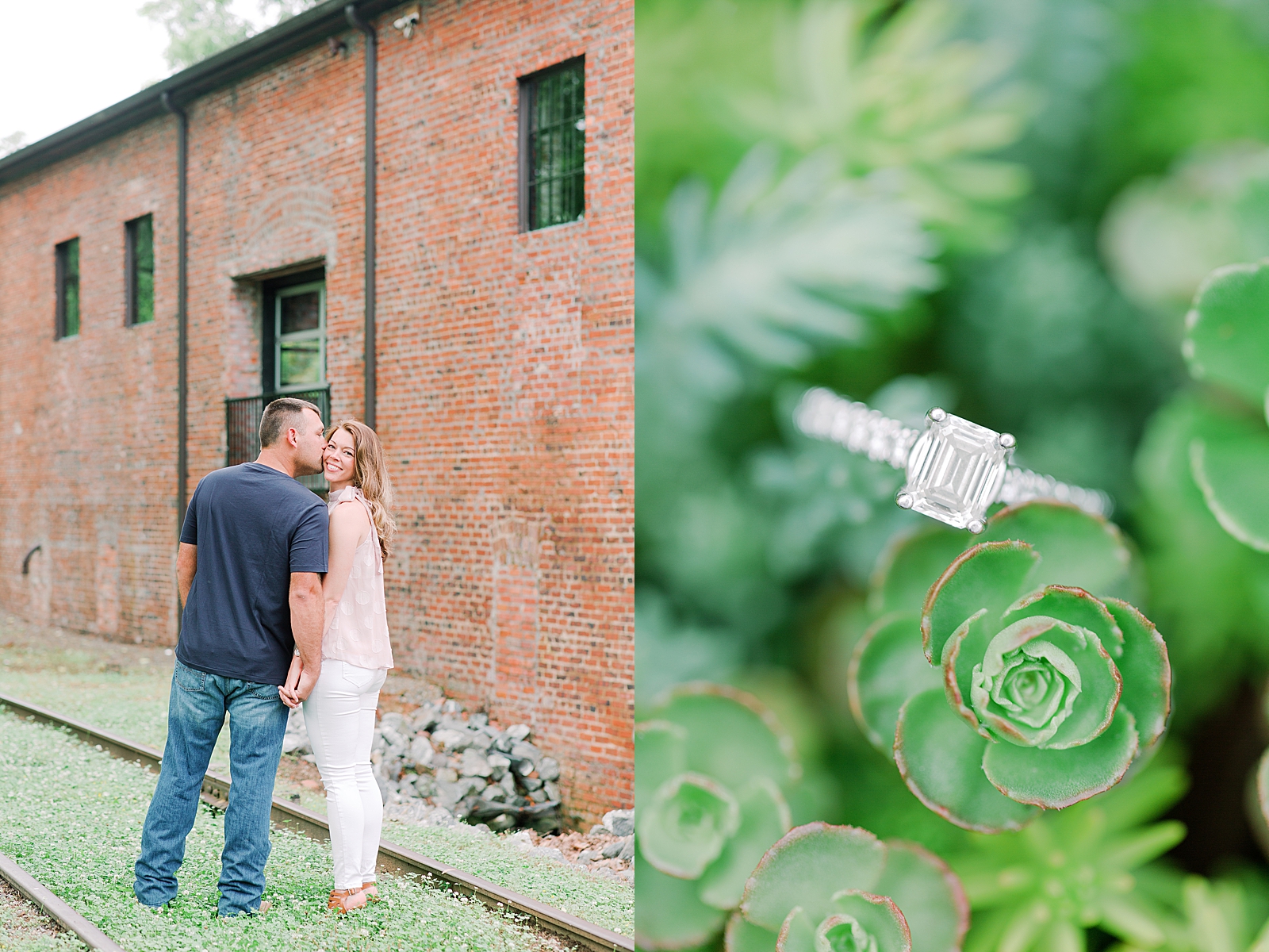  Hackney Warehouse Engagement Session Jake kissing Amanda on cheek and engagement ring detail in succulents Photos