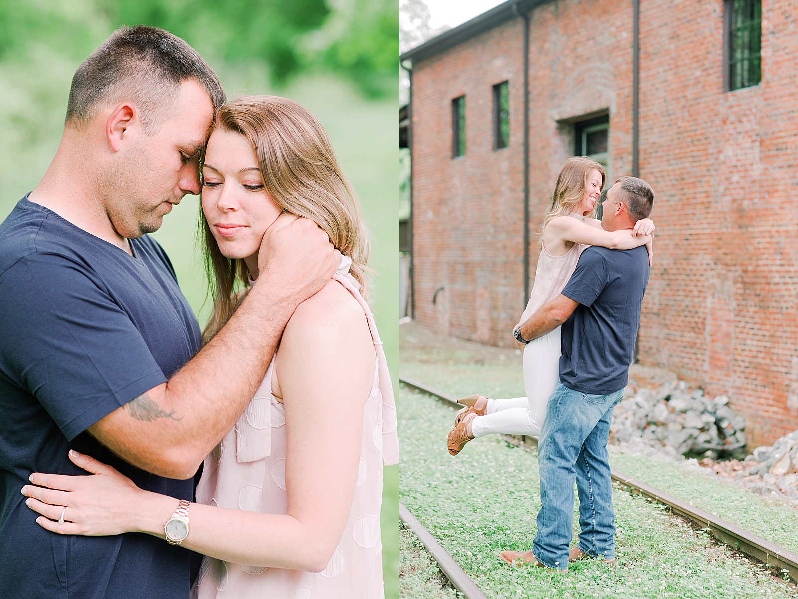 Hackney Warehouse Engagement Session couple snuggling and Jake twirling on rail road tracks Photos