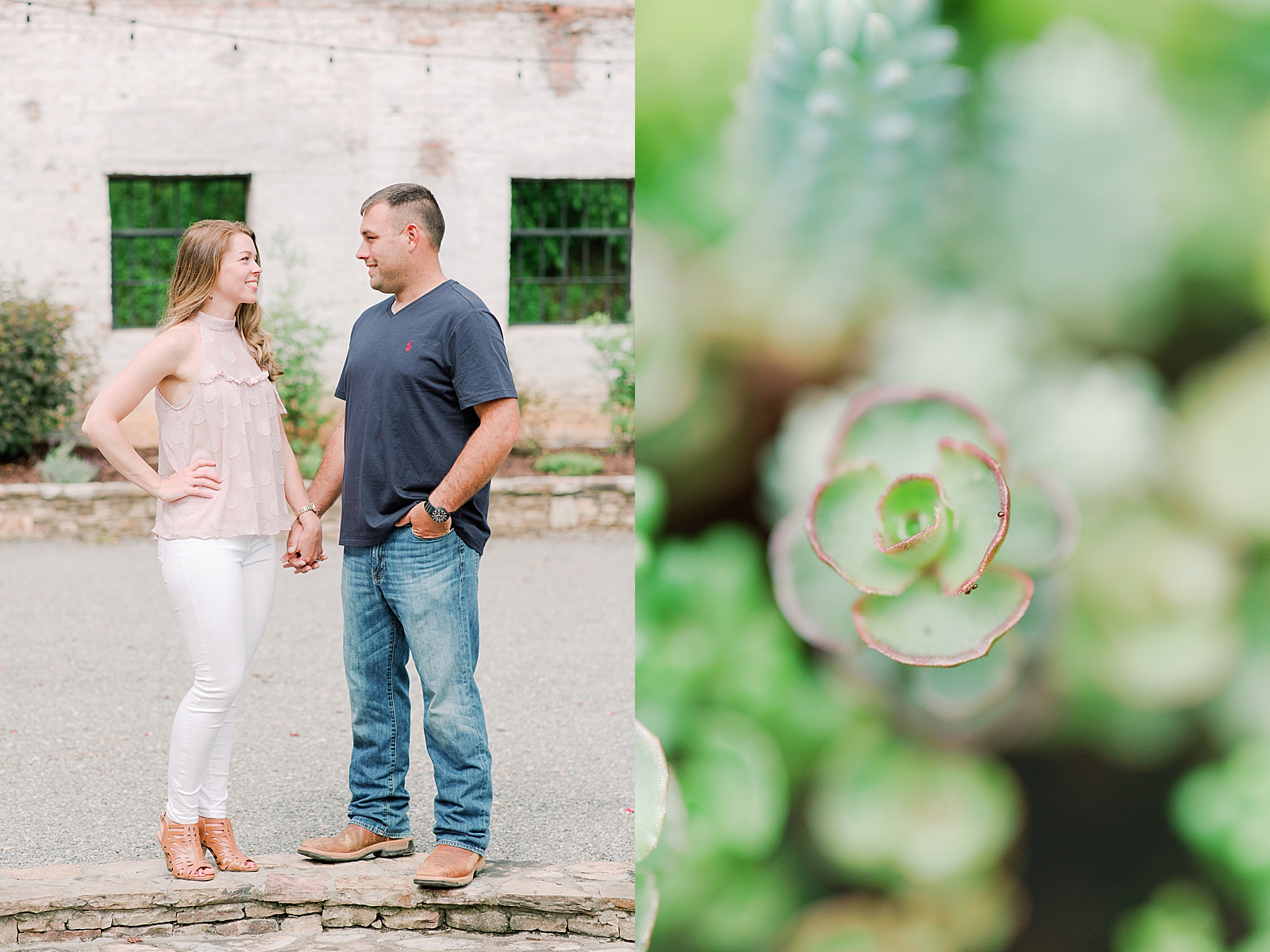 Hackney Warehouse Engagement Session Couple holding hands and detail of succulent plant Photos