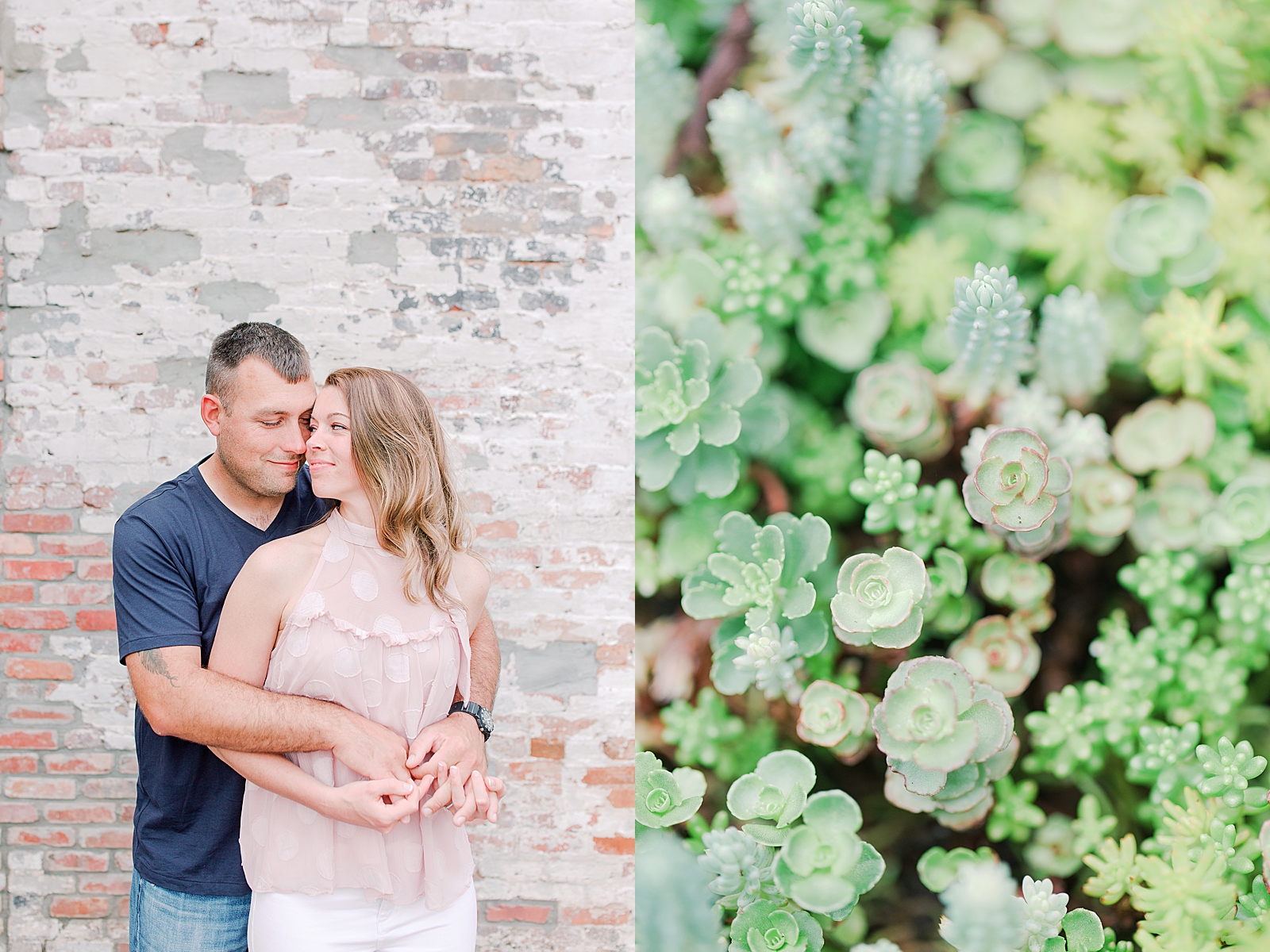 Hackney Warehouse Engagement Session Couple Snuggling holding hands and detail of succulents Photos