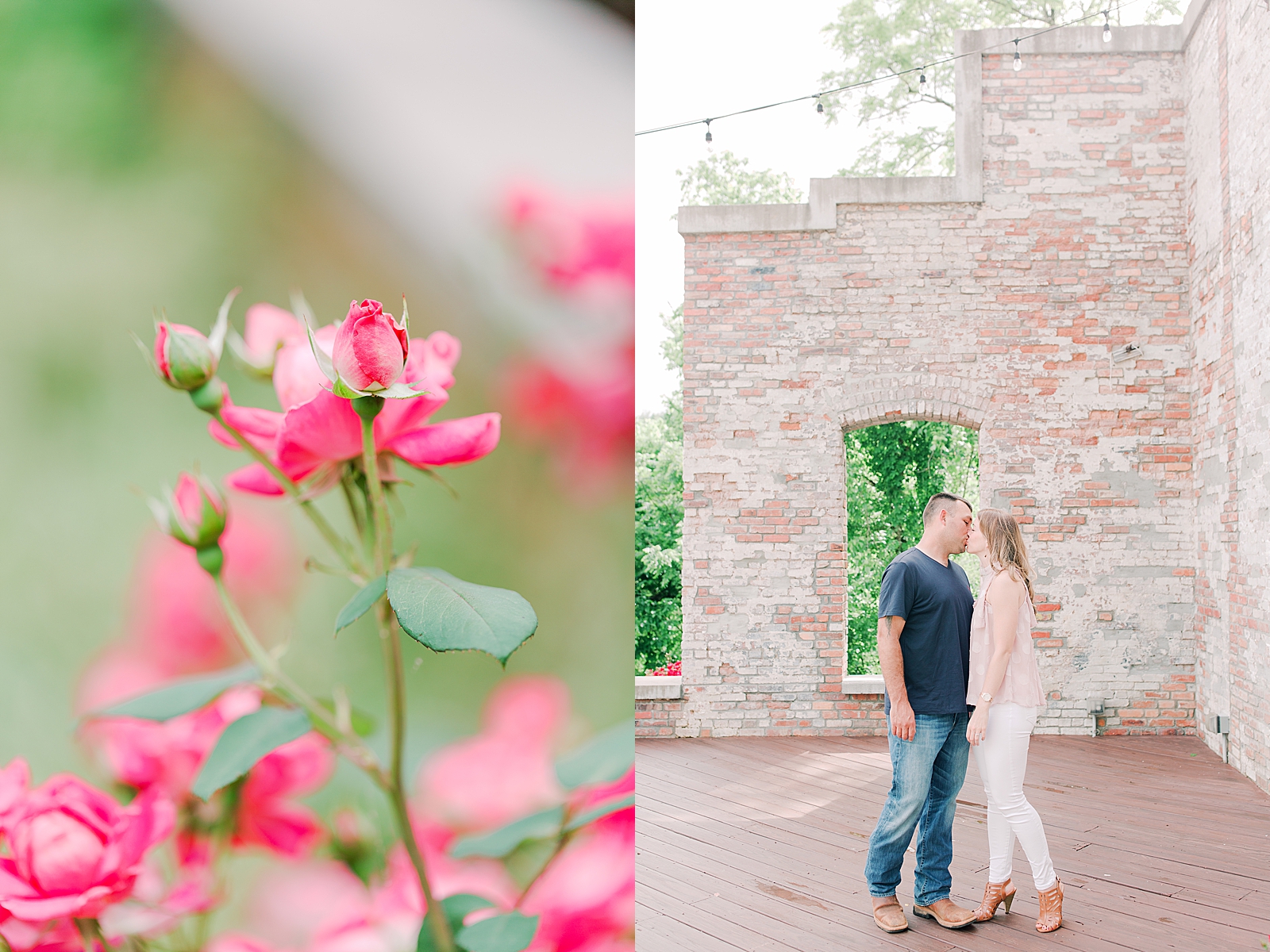 Hackney Warehouse Engagement Session Detail of pink roses and couple kissing Photos