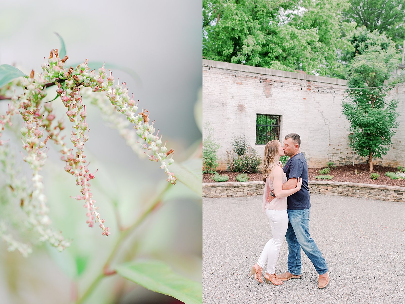 Hackney Warehouse Engagement Session Detail of plant and couple Kissing Photos