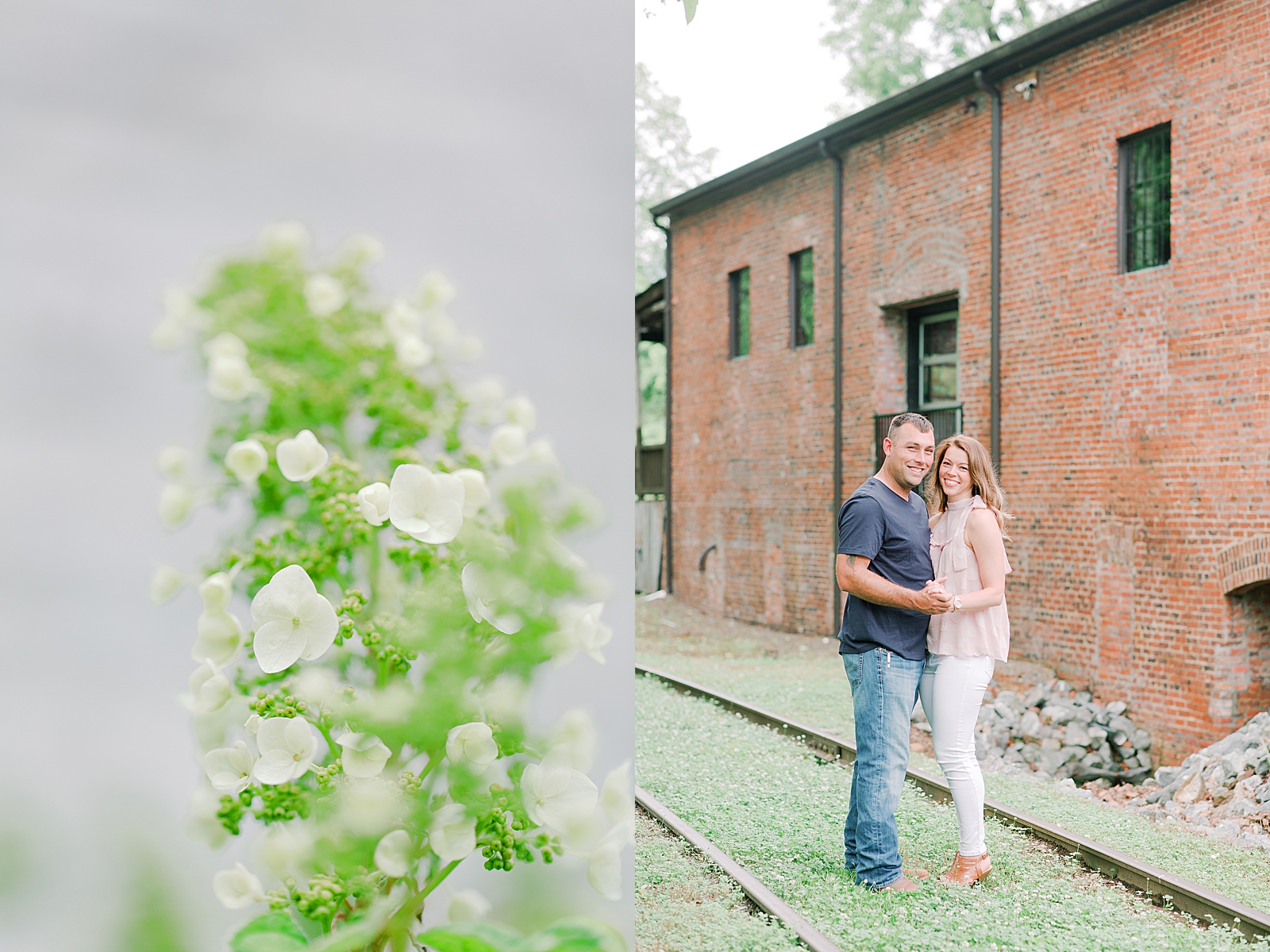 Hackney Warehouse Engagement Session Detail of plant with white flowers and couple smiling on railroad tracks Photos