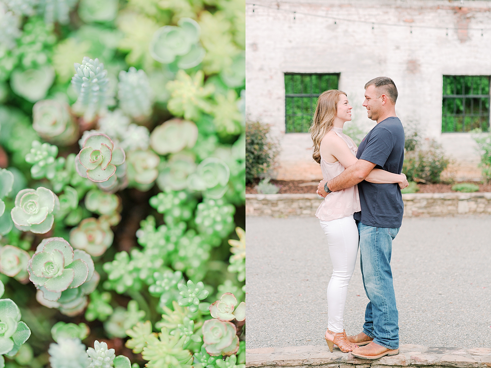 Hackney Warehouse Engagement Session Detail of Succulents and couple hugging and smiling Photos