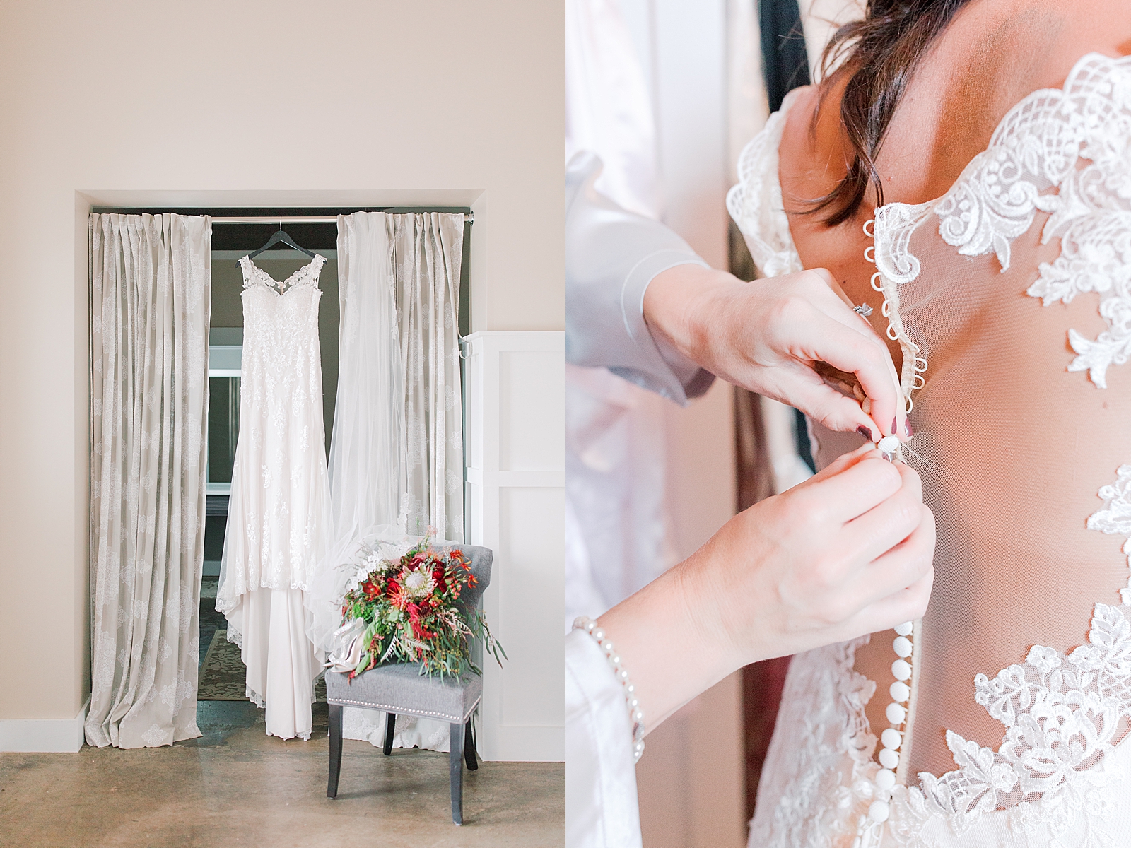 Hackney Warehouse Wedding Bridal Gown hanging in Bridal Suite with flowers and shoes on chair and mom buttoning brides dress Photos