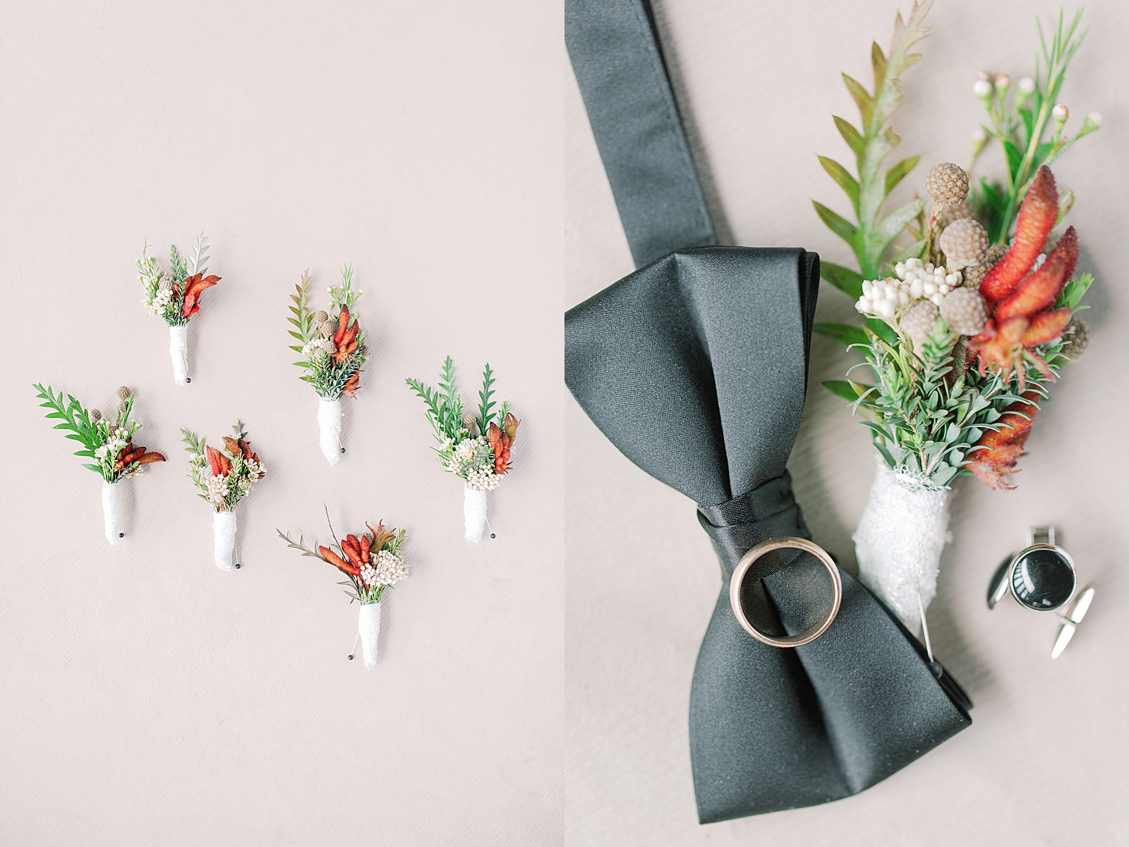 Hackney Warehouse Wedding Grooms Details Boutonnieres bowtie ring and cuff links Photos