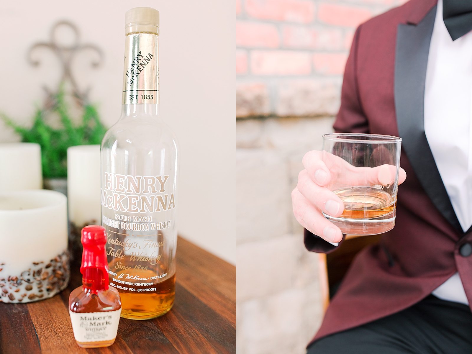 Hackney Warehouse Wedding Bottle of Whiskey and Groom holding a Glass of Whiskey Photos