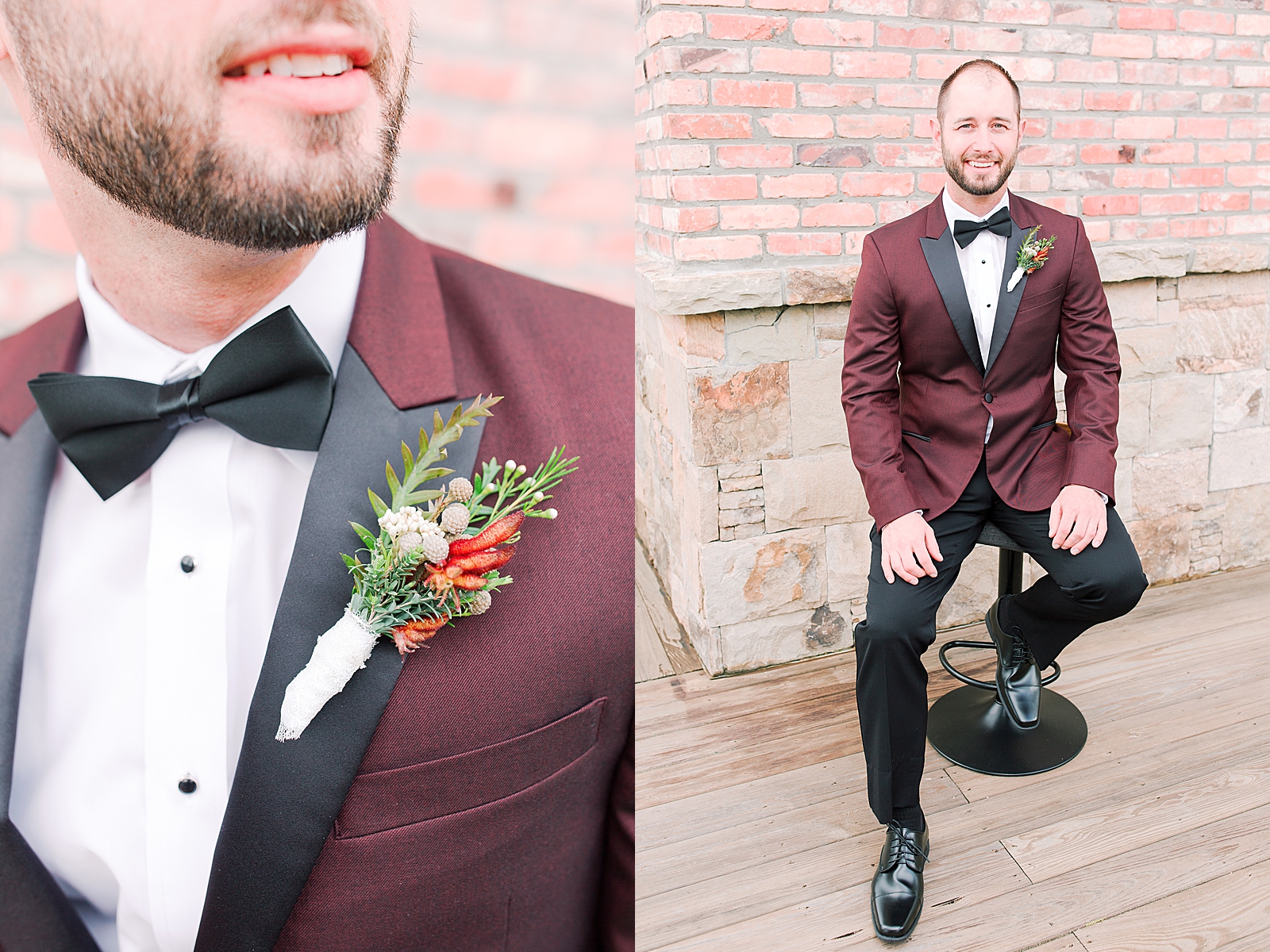 Hackney Warehouse Wedding Detail of Grooms Boutonniere and Groom smiling at camera Photos