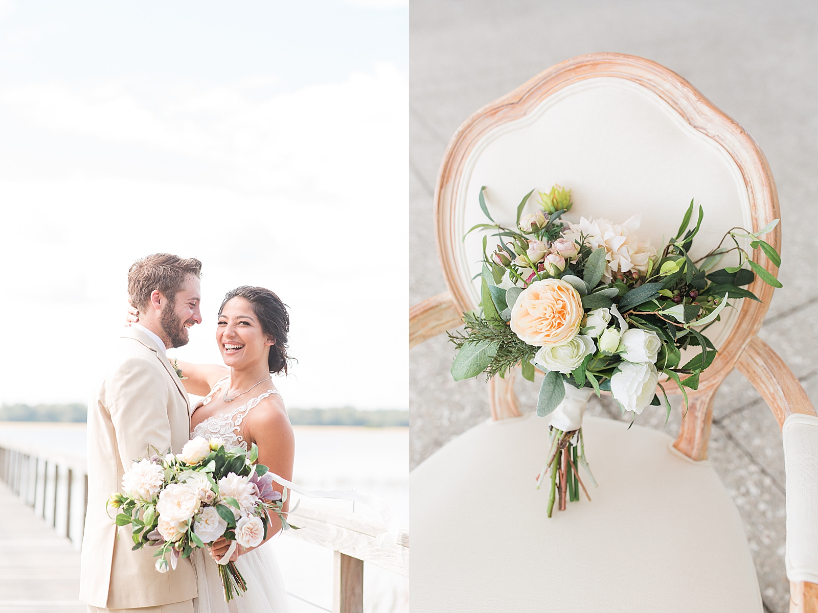 Charleston Wedding at Lowndes Grove Bride and Groom Laughing holding each other on dock and detail of Bouquet in Chair Photos